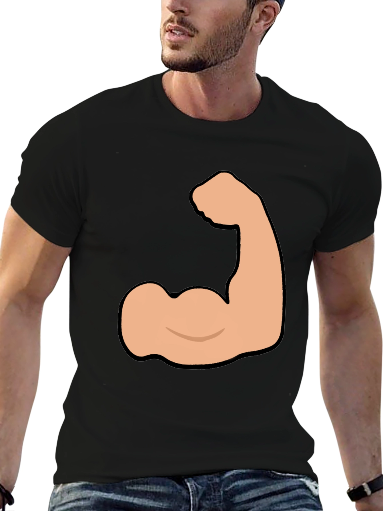 Black Funny Flexing Muscle Graphic Tee - Black Cotton T-Shirt view 6