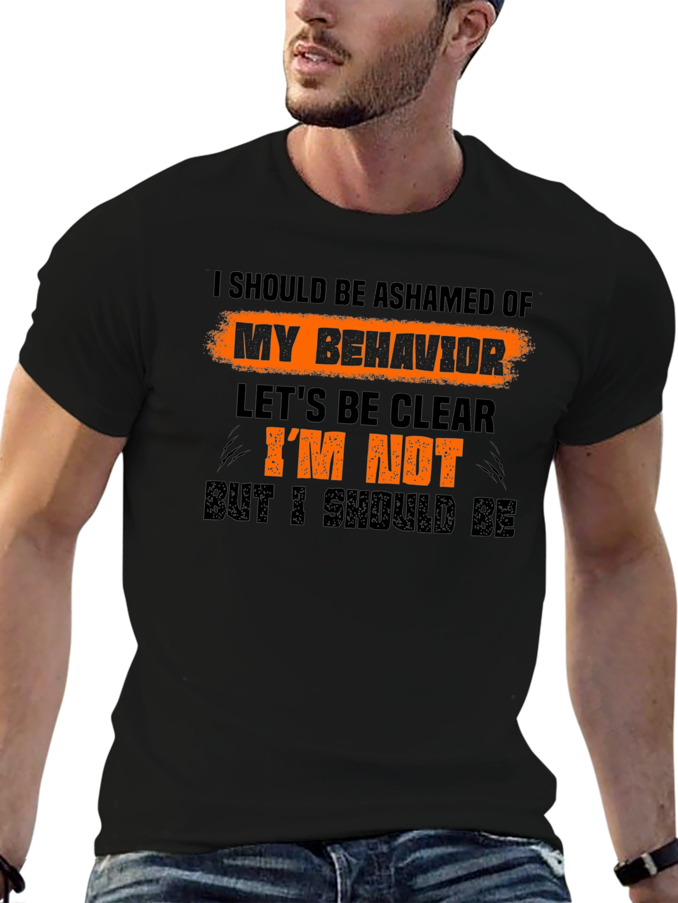 Black Ashamed of My Behavior Funny Graphic T-Shirt view 6