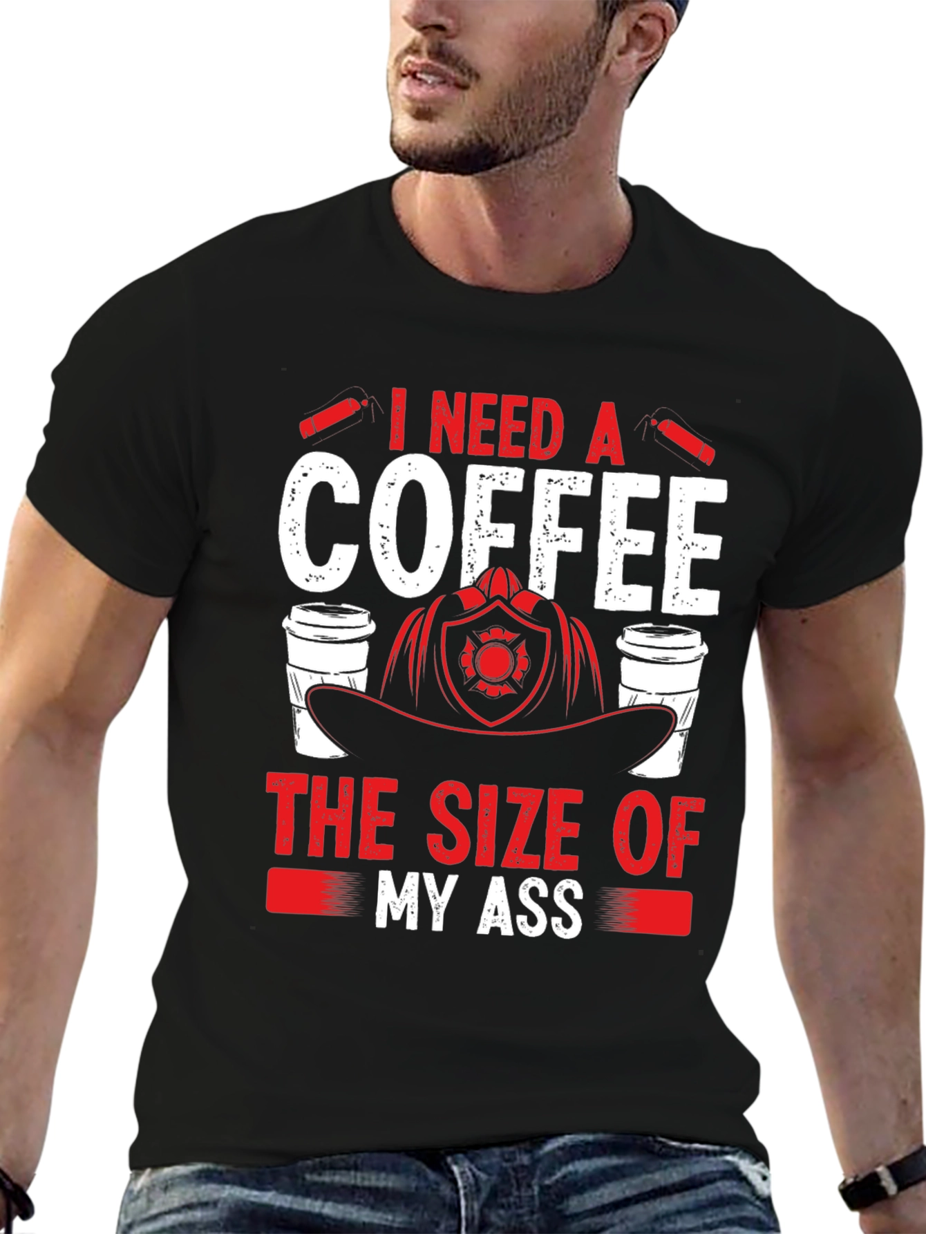 Black Funny Firefighter Coffee T-Shirt view 6
