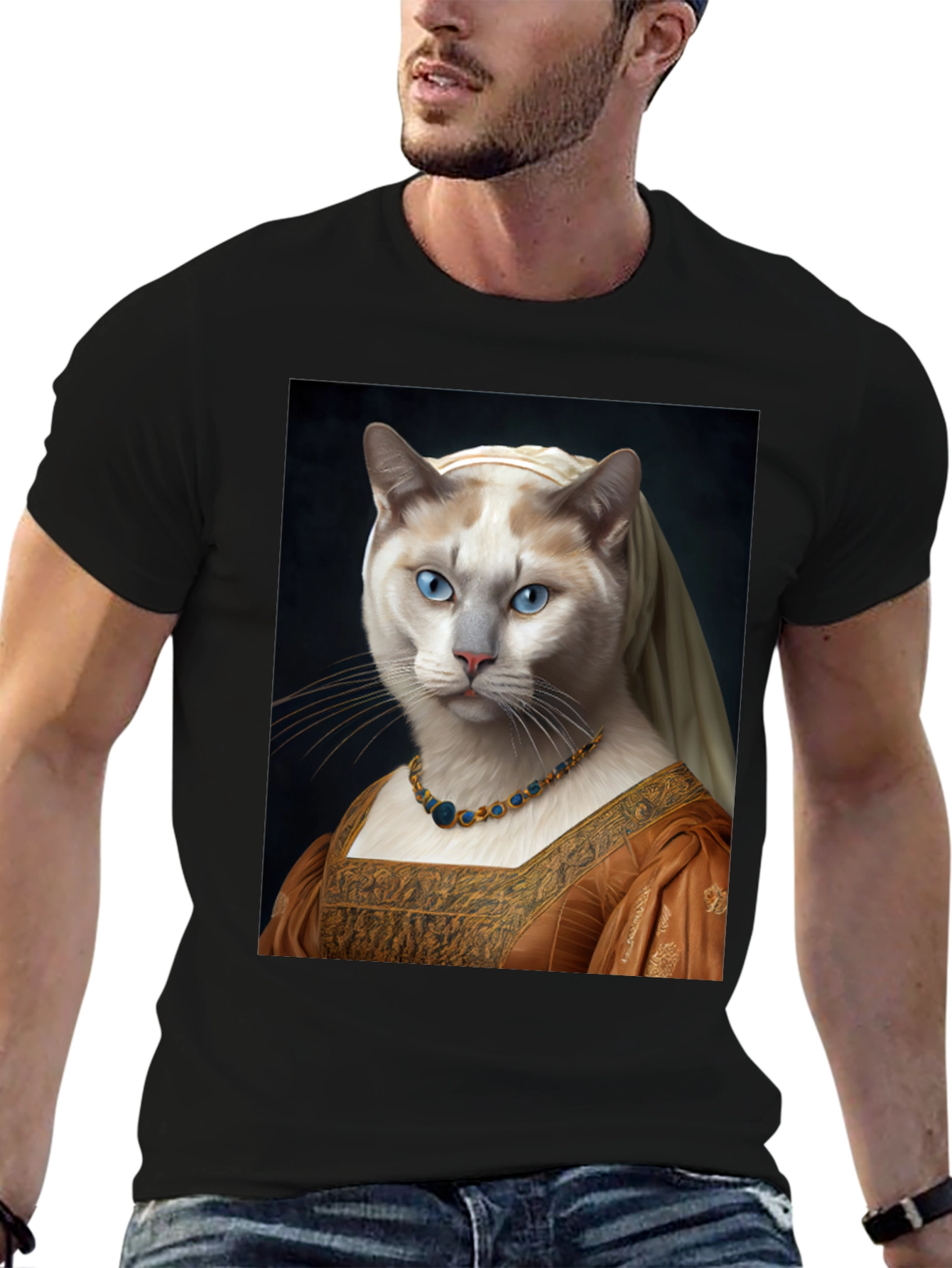 Black Cat Renaissance Portrait T-Shirt - Unique Art Tee view 6