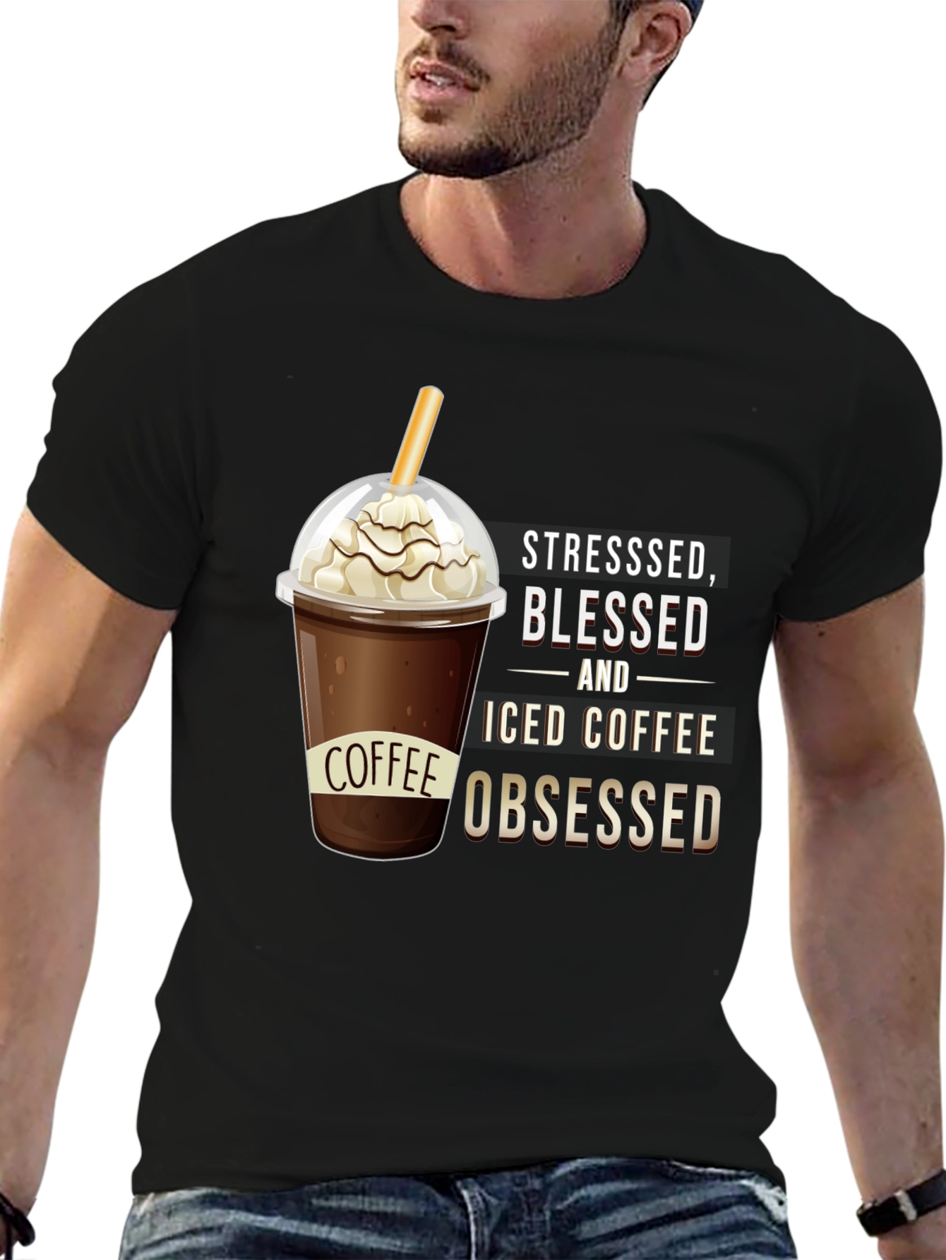 Black Stressed, Blessed, and Iced Coffee Obsessed T-Shirt view 6
