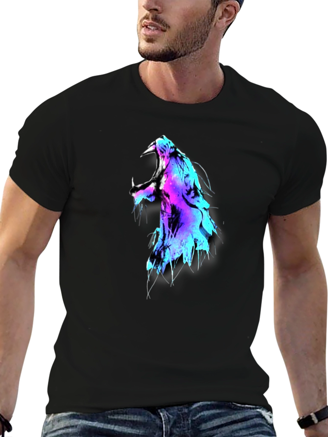 Black Neon Lion Graphic Black T-Shirt view 6