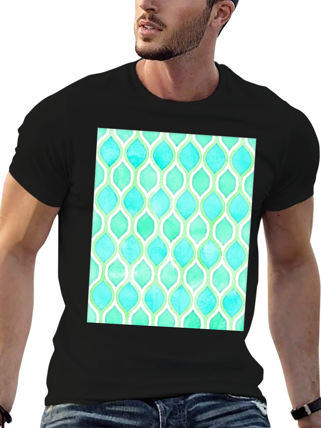 Black Aqua & Green Patterned T-Shirt view 6