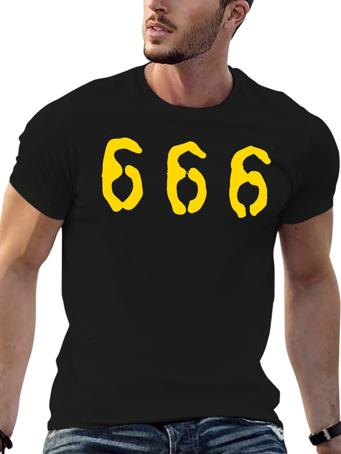 Black Men's Black T-Shirt with Yellow '666' Graphic Print view 6