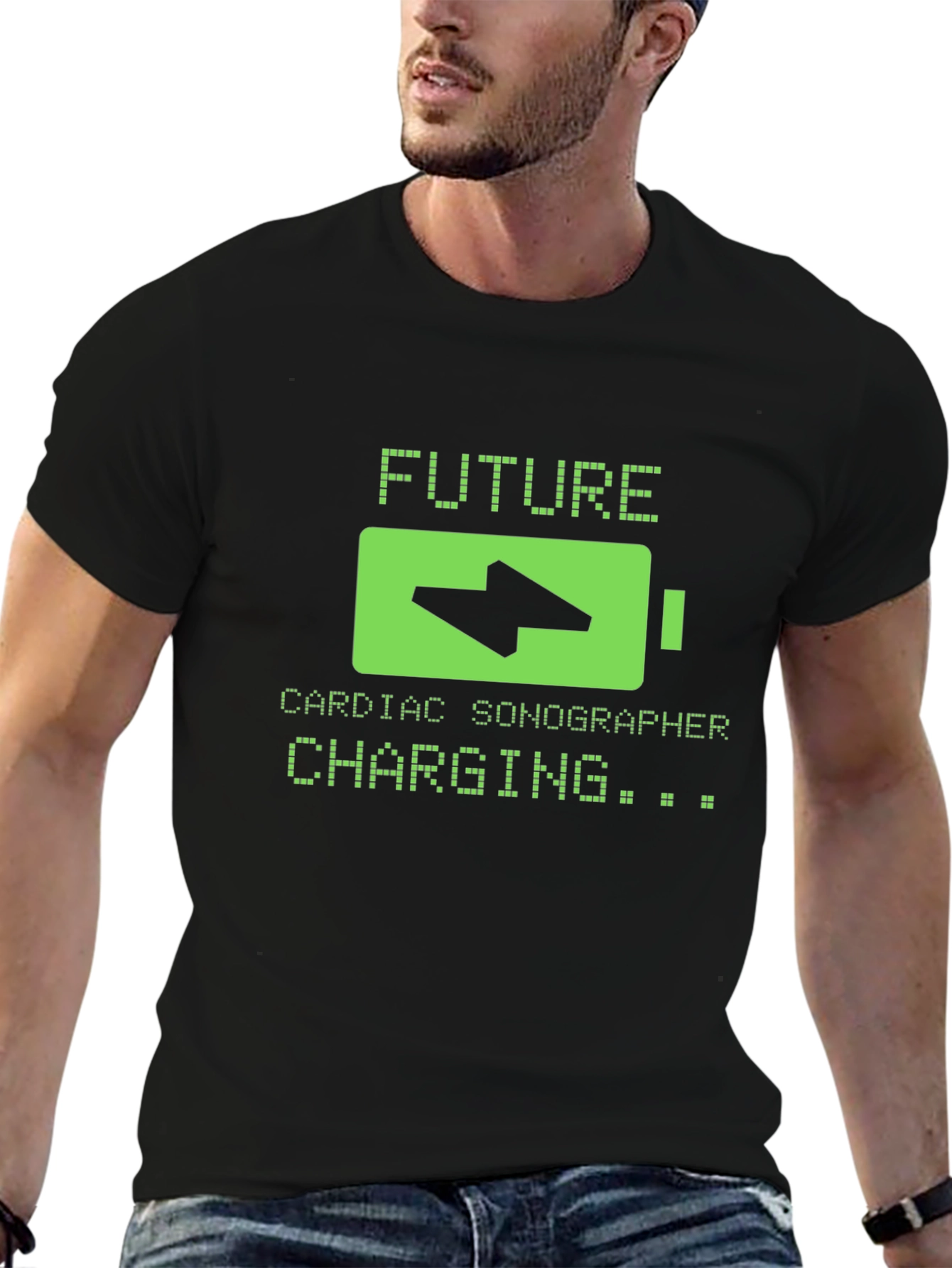 Black Future Cardiac Sonographer Charging T-Shirt view 6