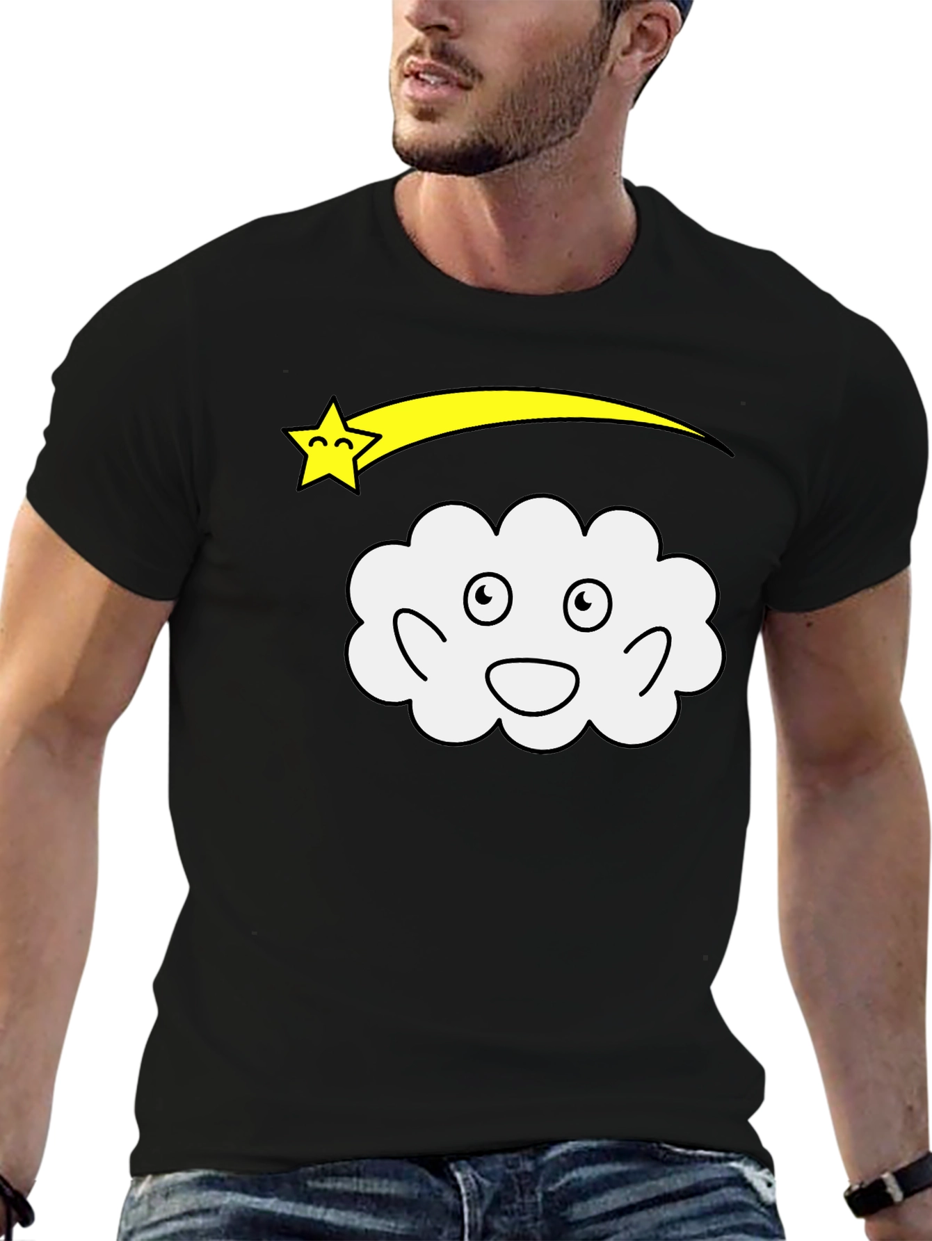 Black Cartoon Cloud & Star Black T-Shirt view 6