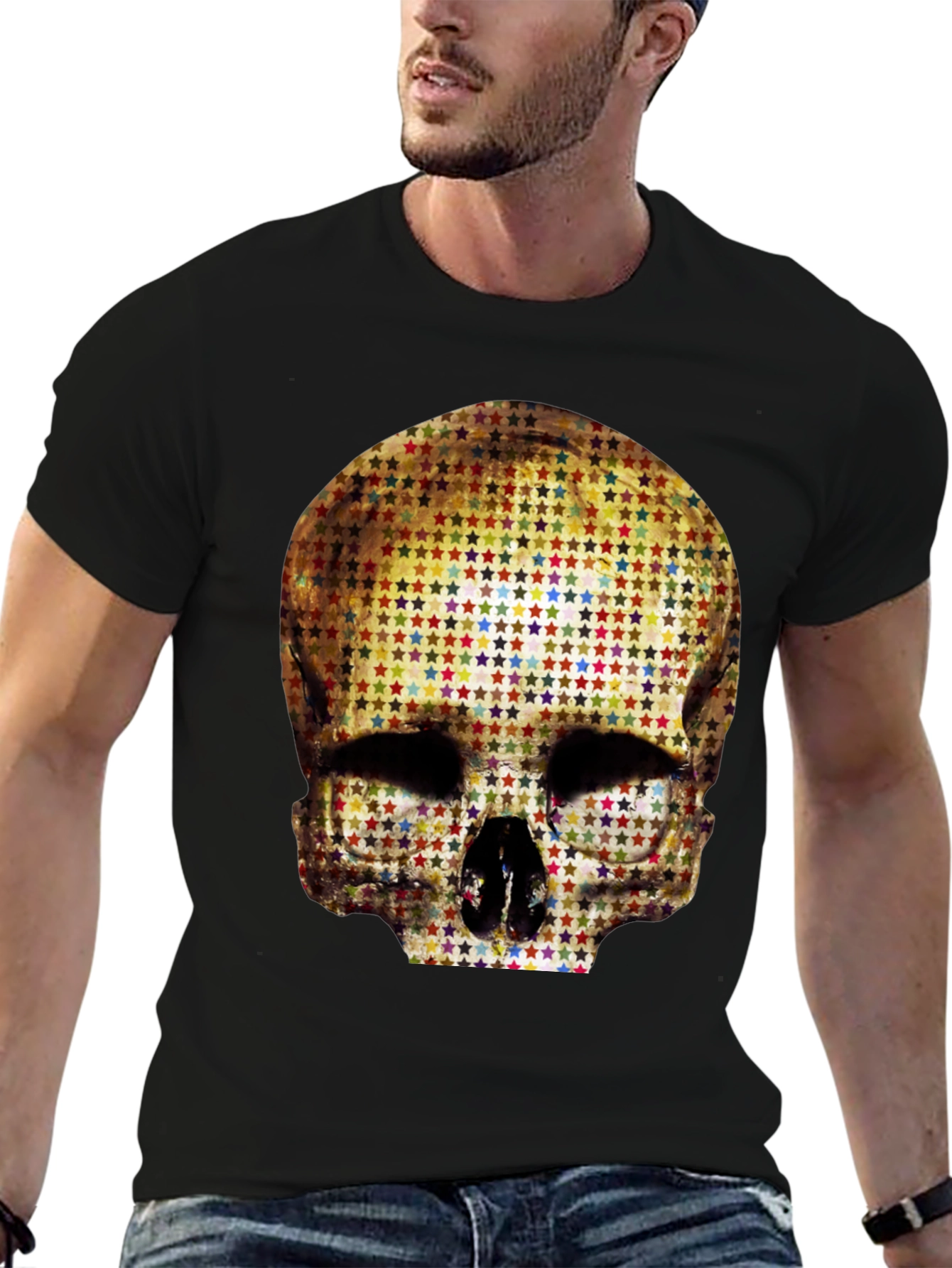 Black Skull Star Pattern Graphic Tee - Black view 6