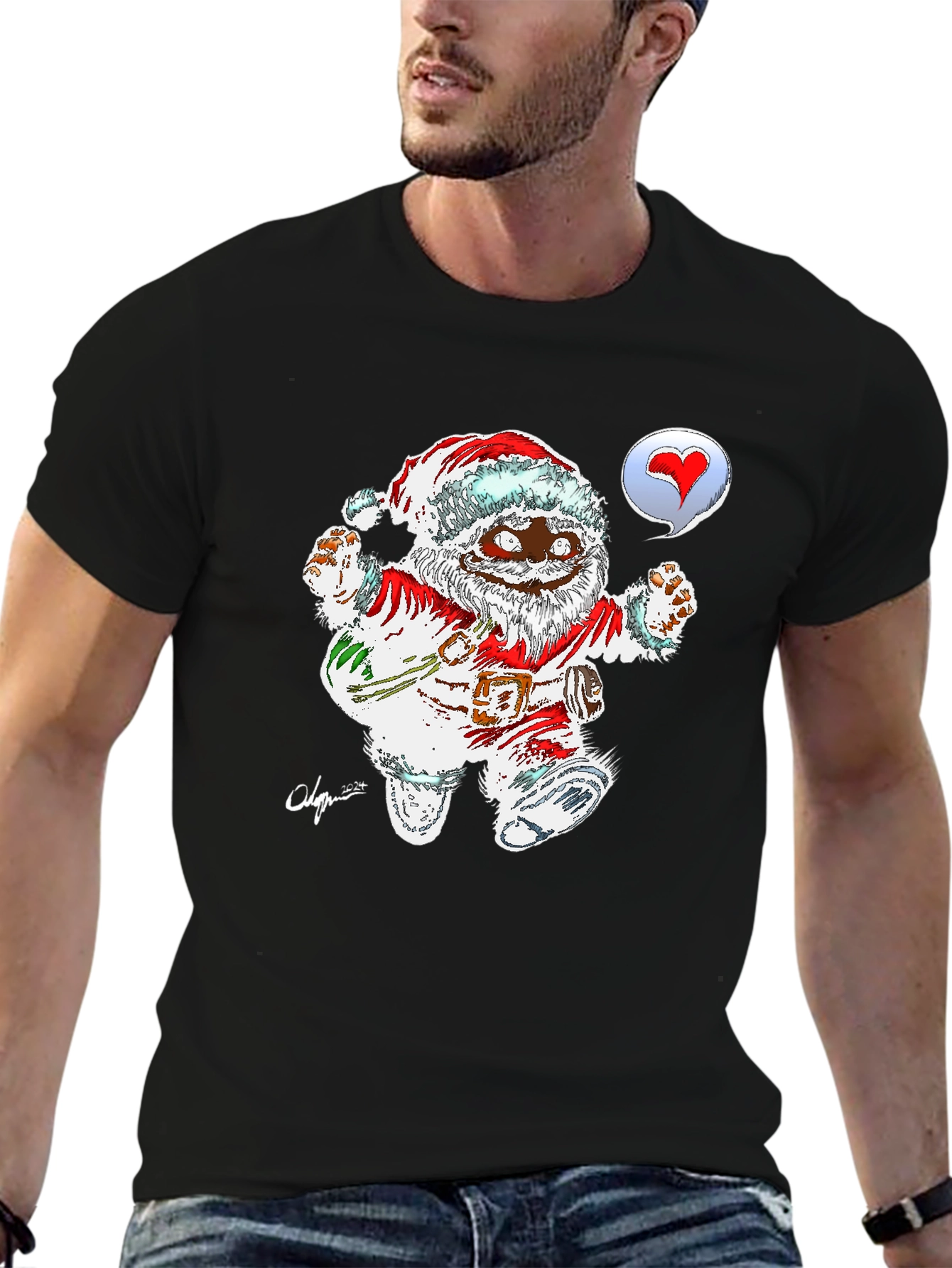 Cartoon Santa Black T-Shirt - 6