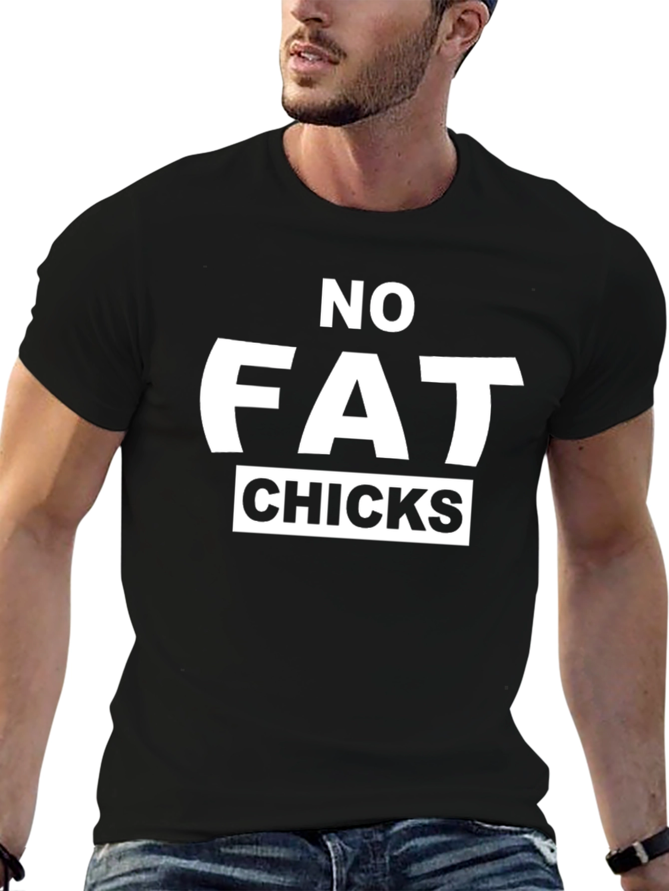 Black Humorous "No Fat Chicks" Graphic T-Shirt view 6