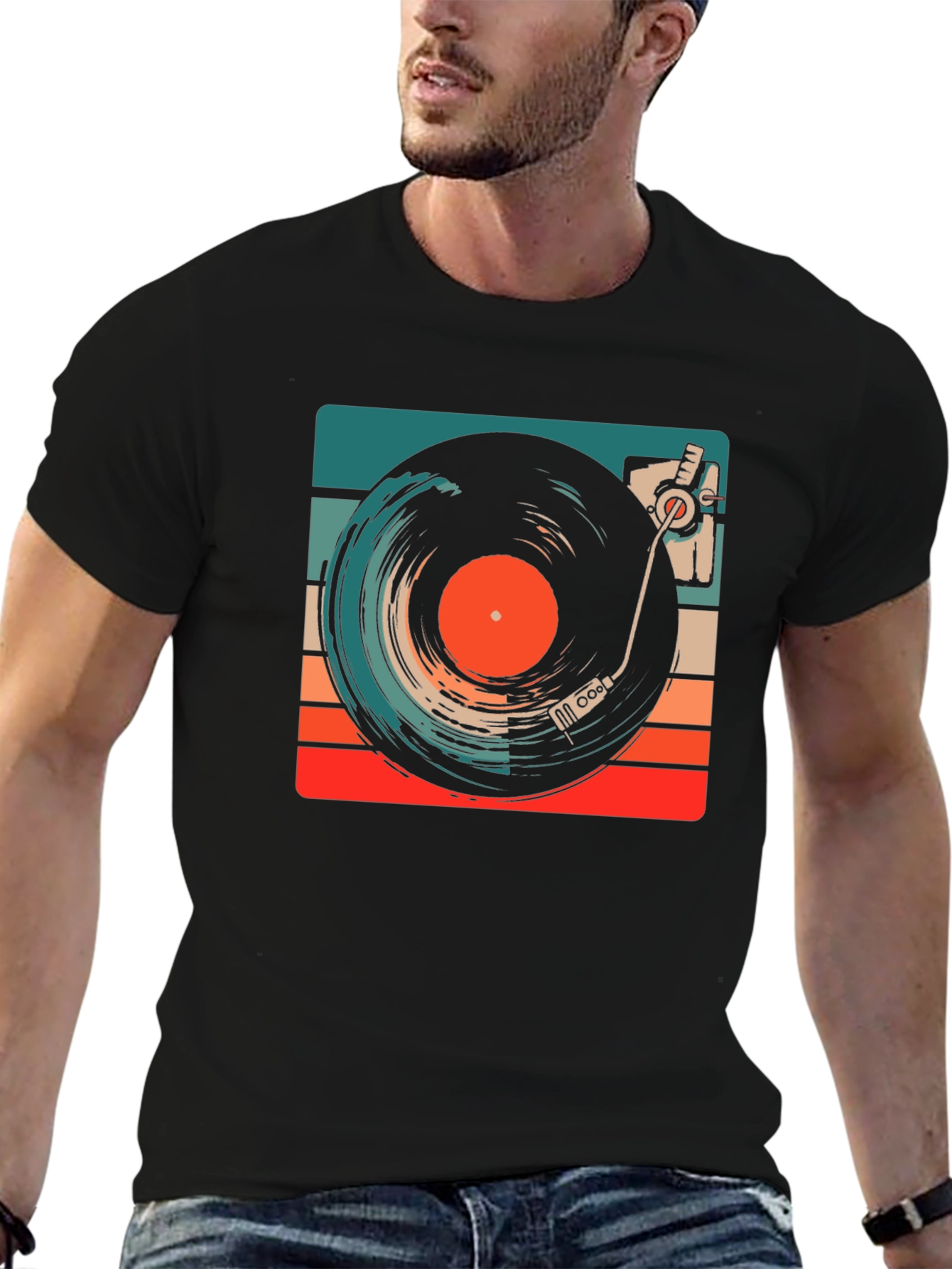 Black Retro Vinyl Record Player Graphic Tee view 6