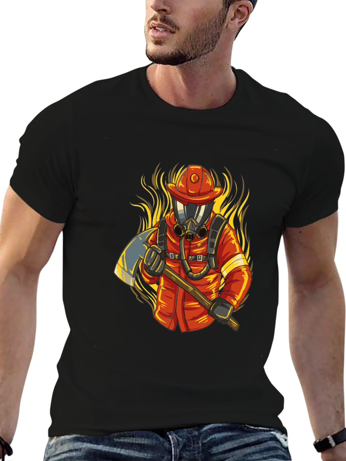 Black Firefighter Graphic Tee - Axe & Flames Design view 6