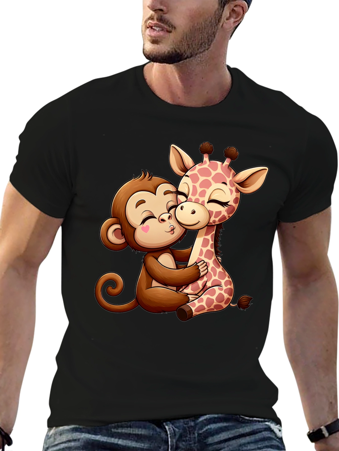 Black Monkey and Giraffe Hug Graphic Tee view 6