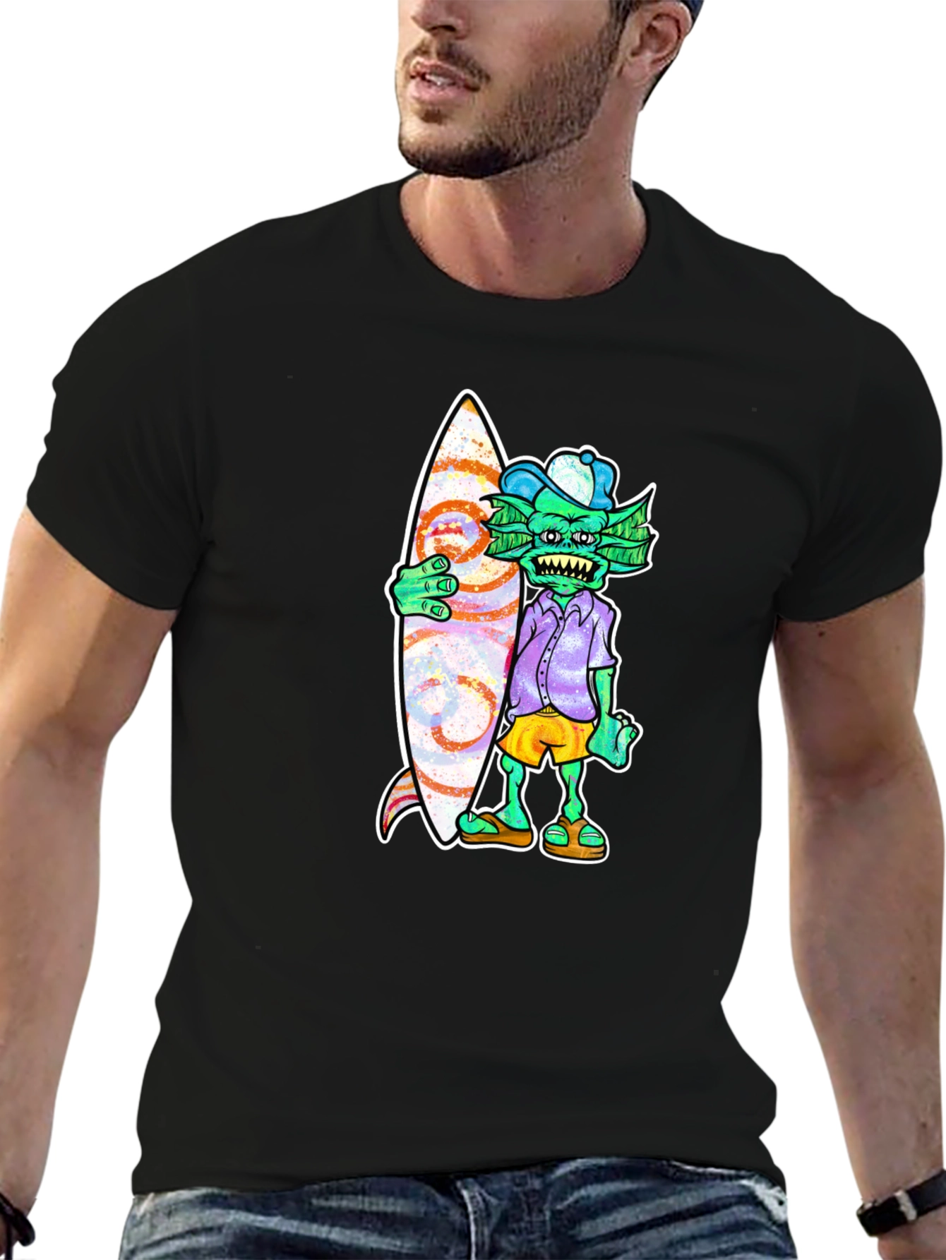 Black Cool Surfer Monster Graphic T-Shirt view 6