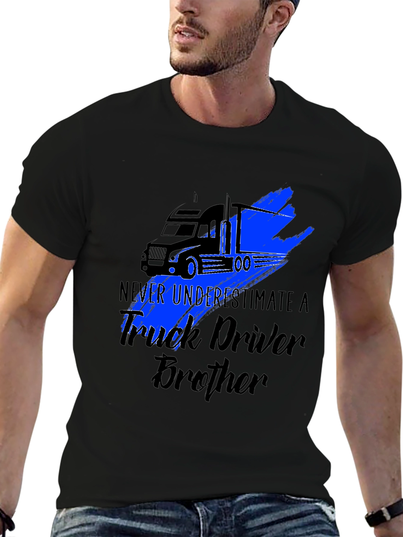 Black Truck Driver Brother Graphic Tee - Black T-Shirt view 6