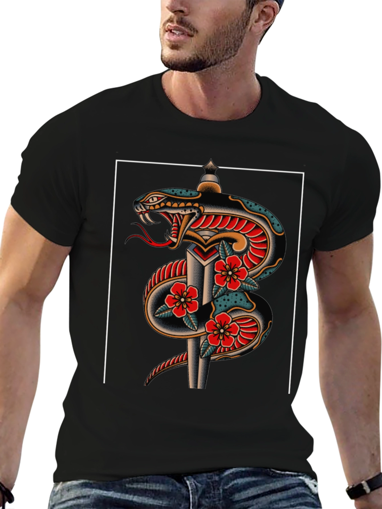 Black Snake & Dagger Graphic Tee - Classic Tattoo Style view 6