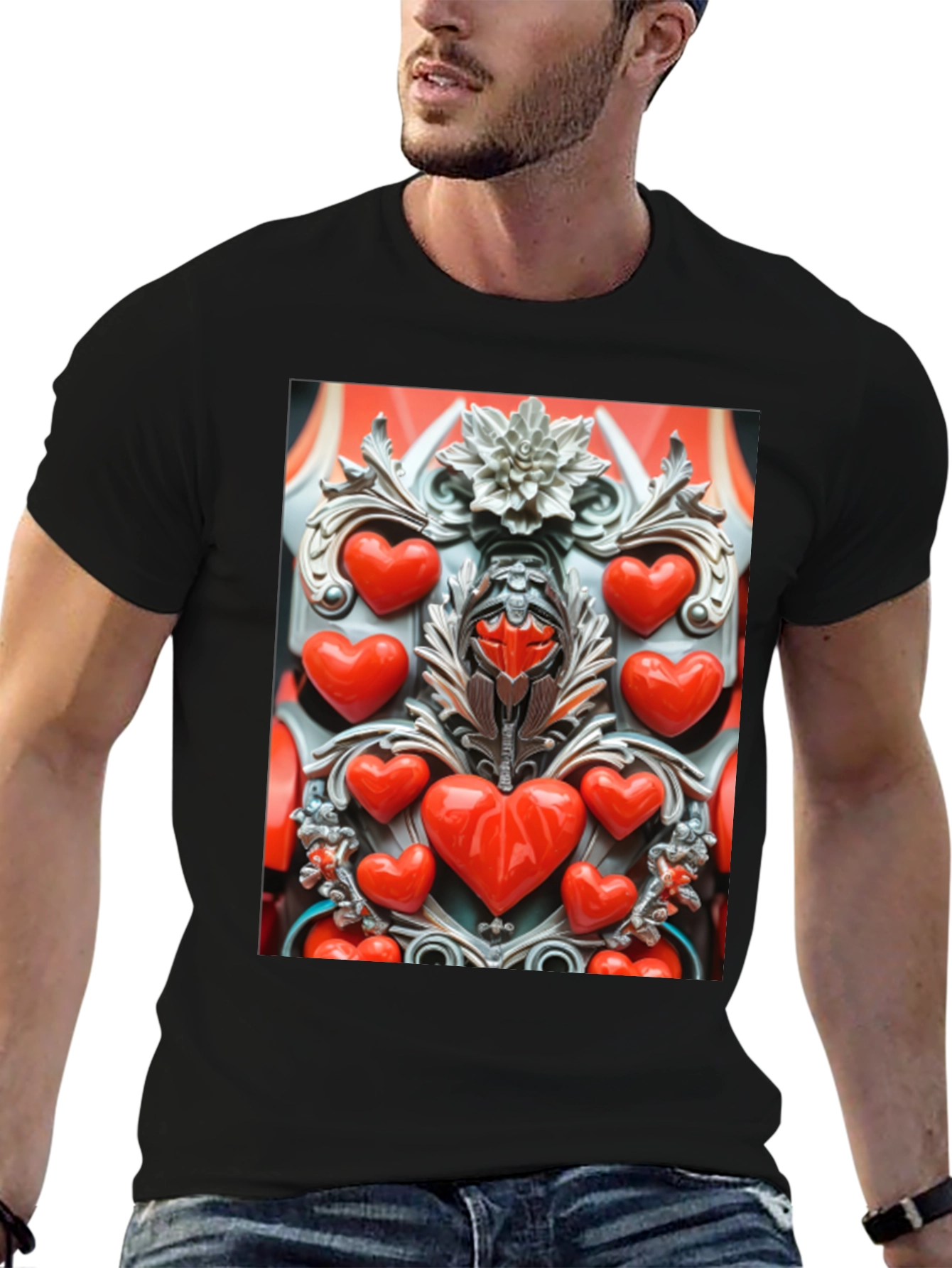 Black Heart Ornate Art Black T-Shirt view 6