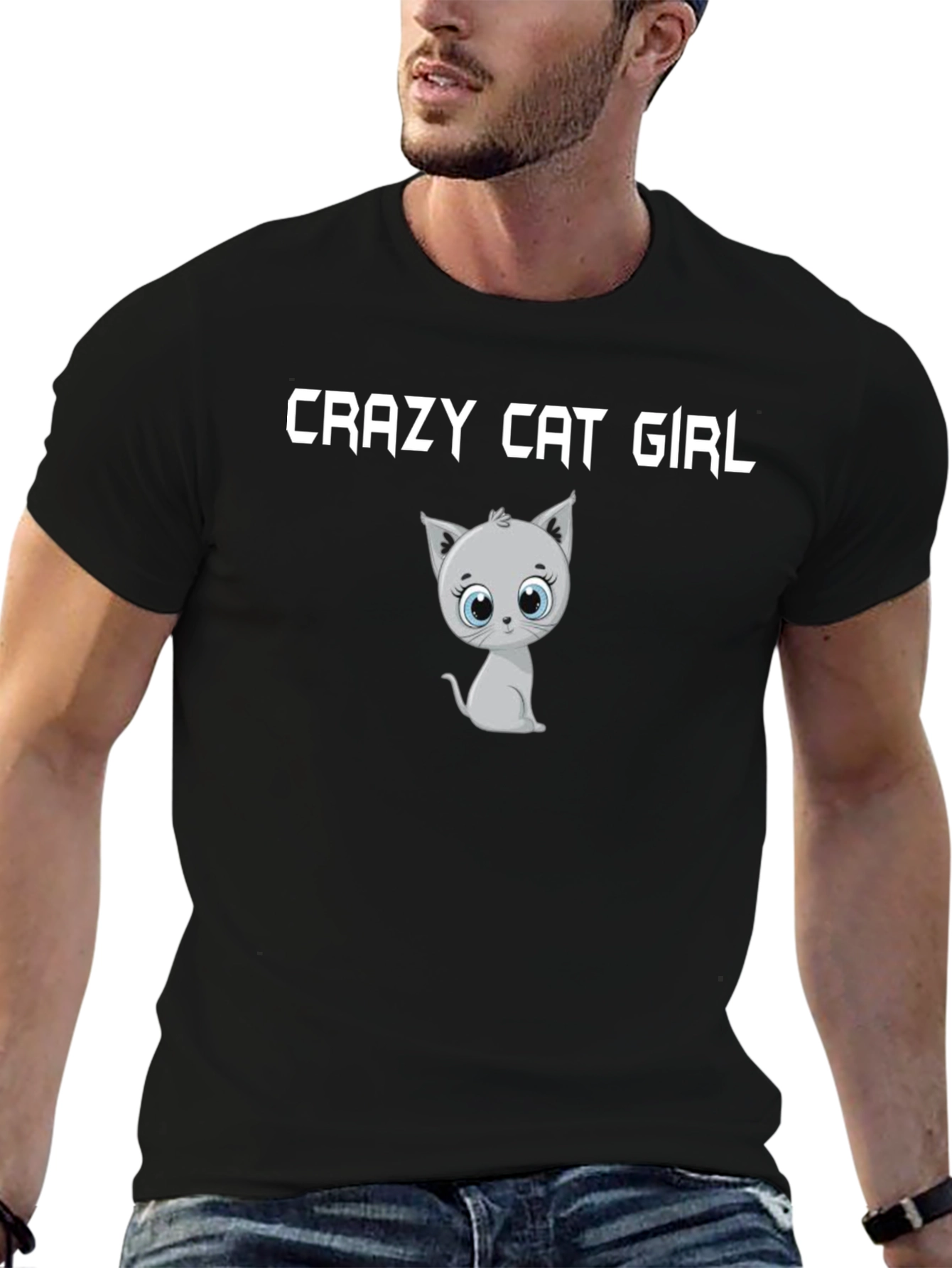 Black Crazy Cat Girl T-Shirt - Cute Cartoon Kitten Tee view 6