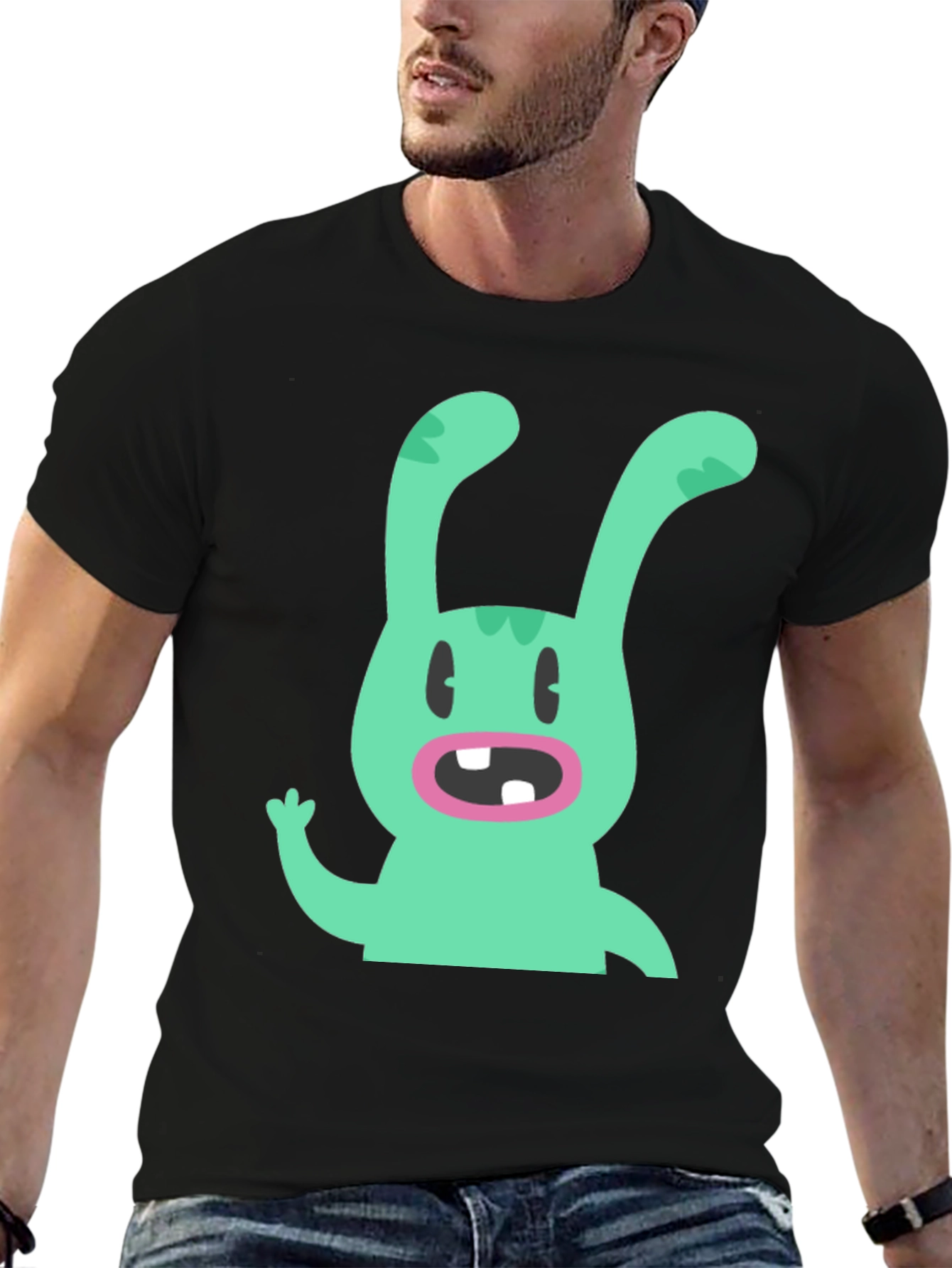 Black Cartoon Rabbit Graphic Tee - Black Cotton T-Shirt view 6