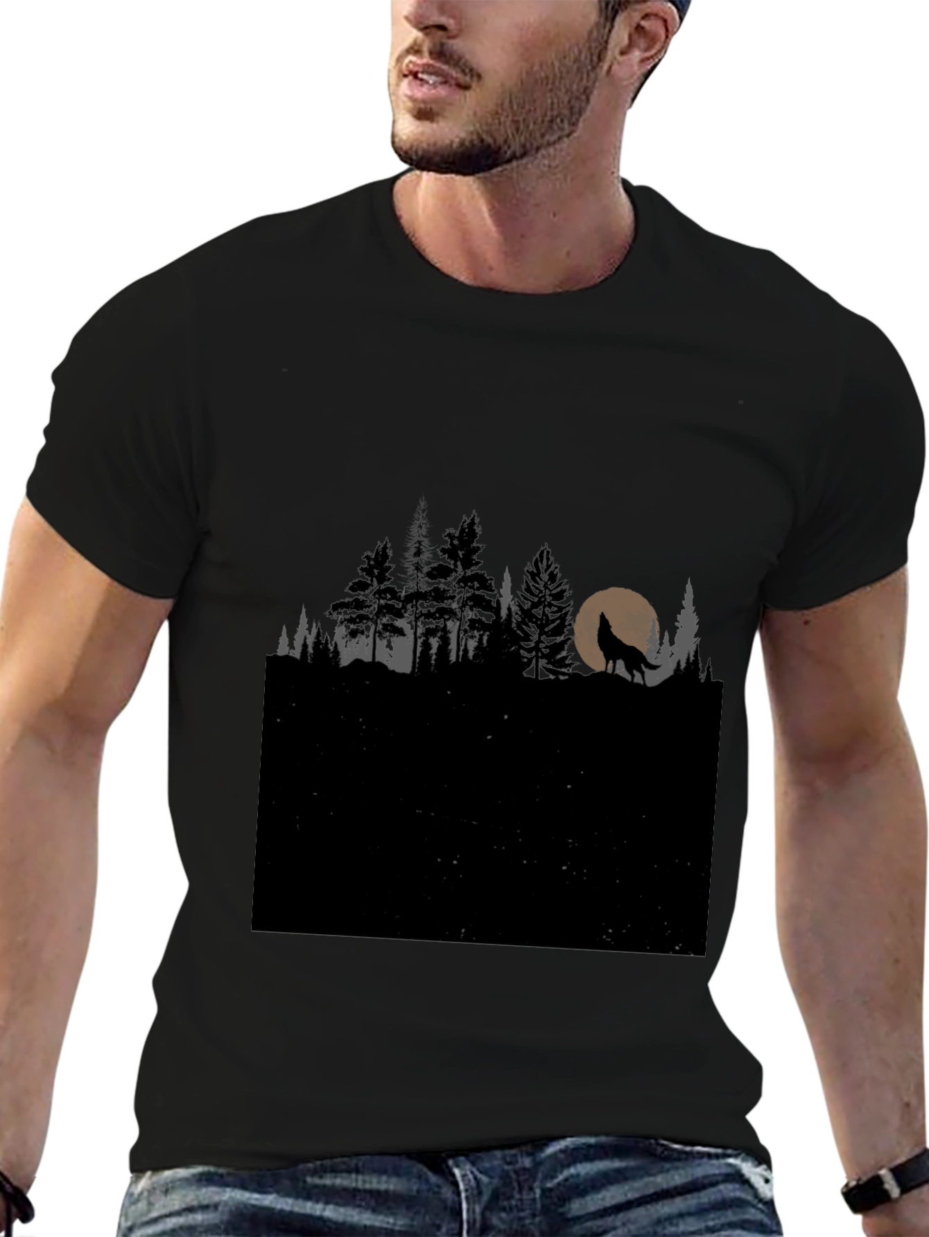 Black Wolf Howling at Moon in Forest T-Shirt view 6