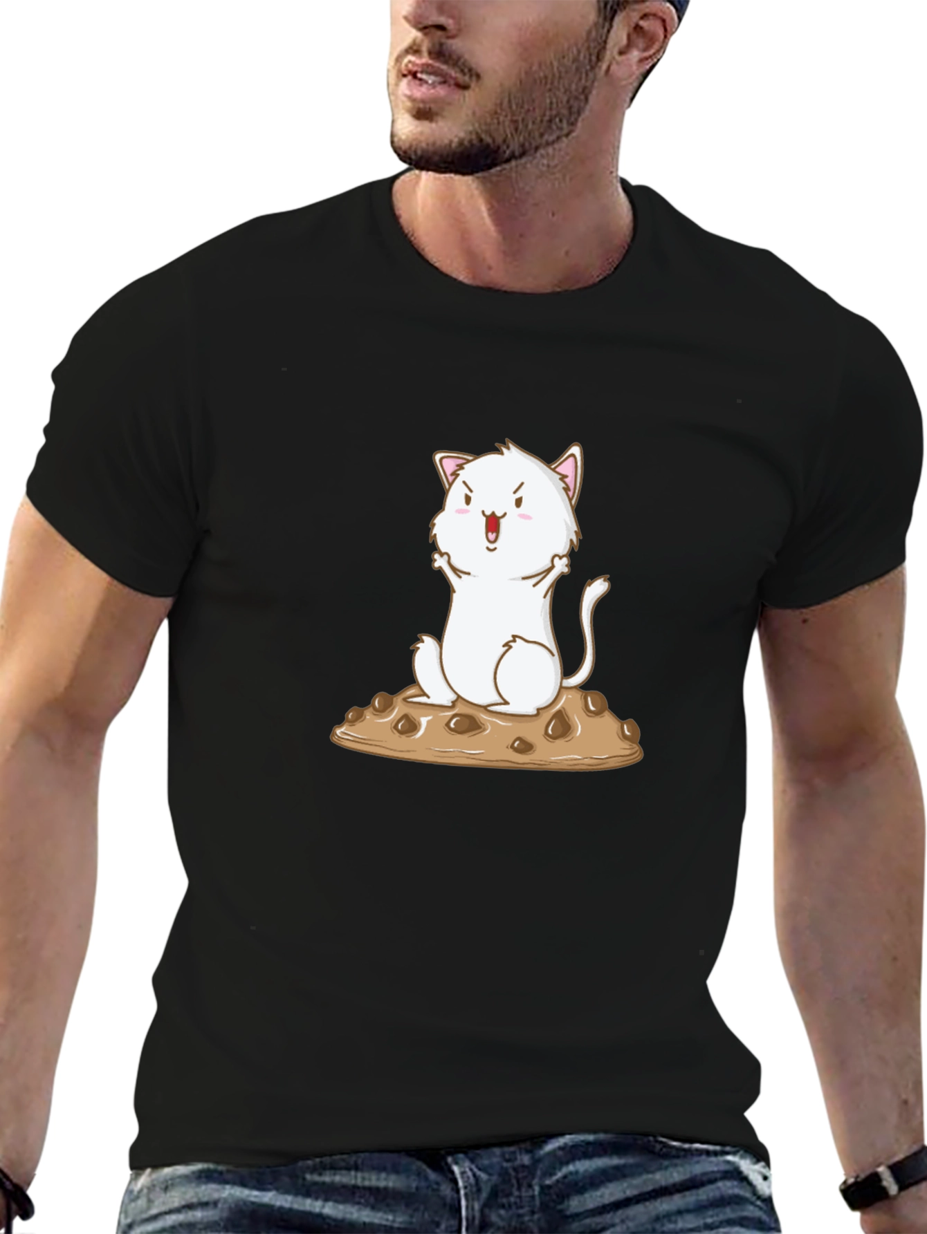 Black Cute Cat on Cookie Graphic T-Shirt view 6