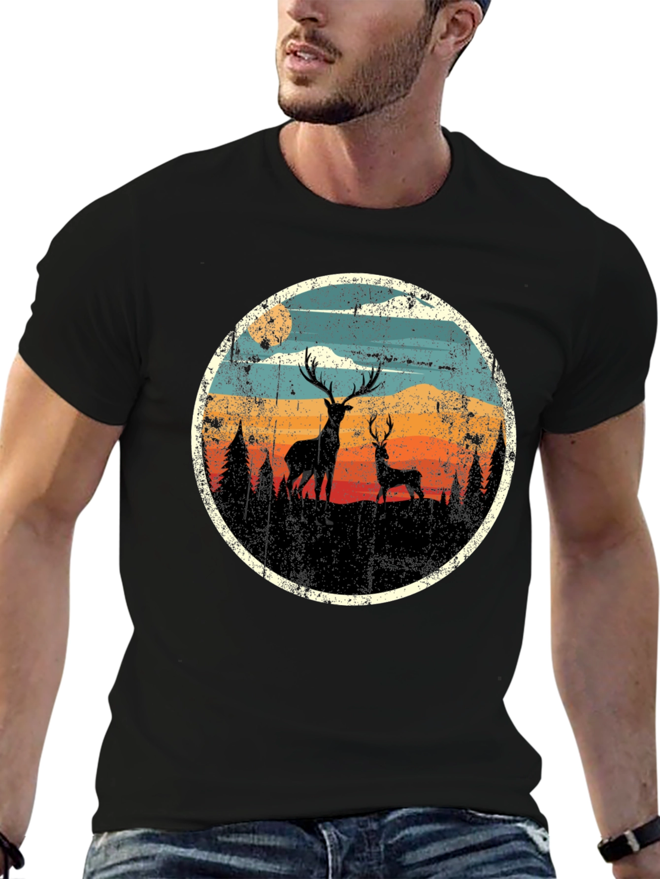 Black Deer Silhouette Graphic Print Black T-Shirt view 6