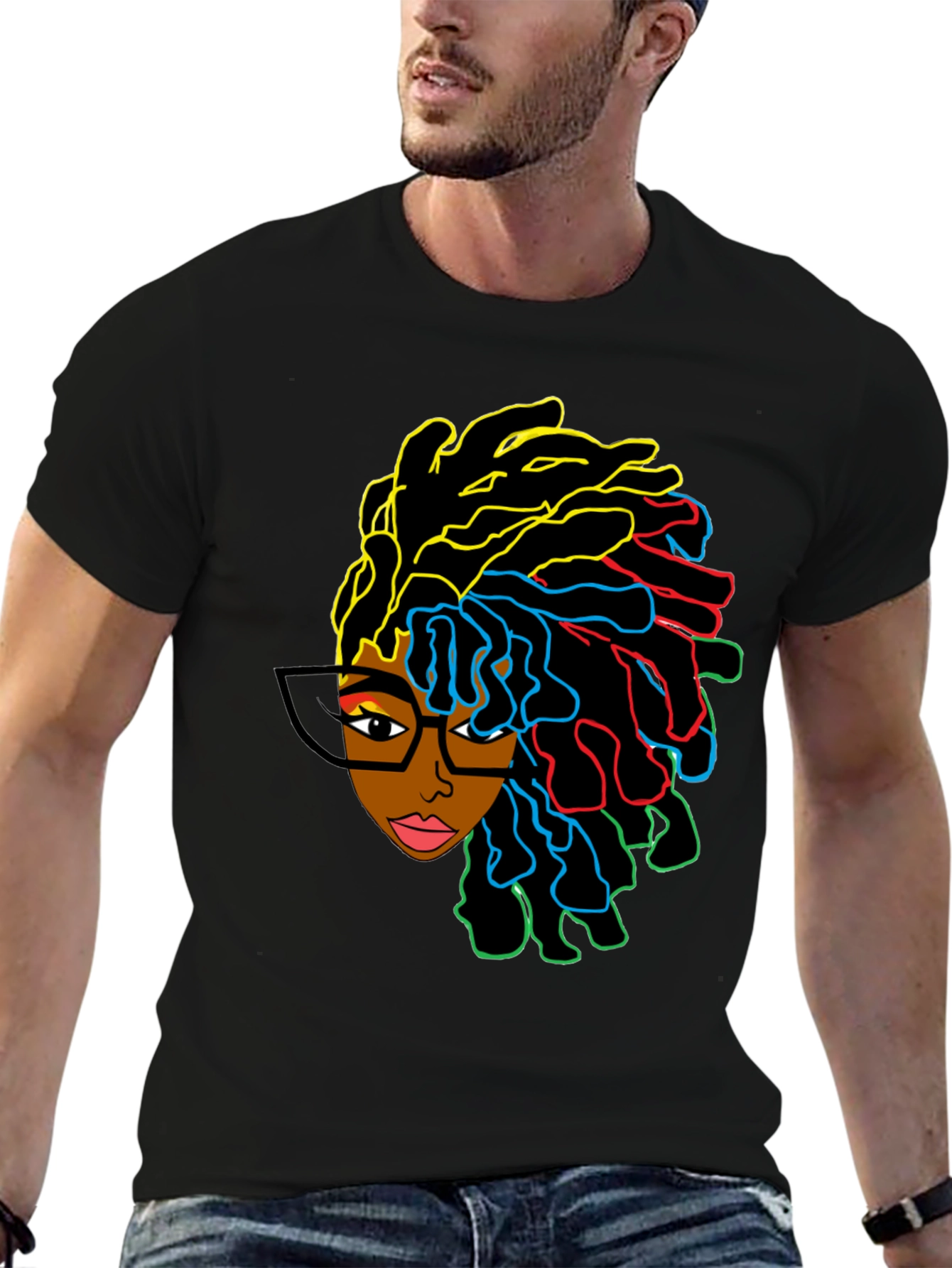 Black Stylish Graphic Tee - Afro Woman with Colorful Dreadlocks view 6