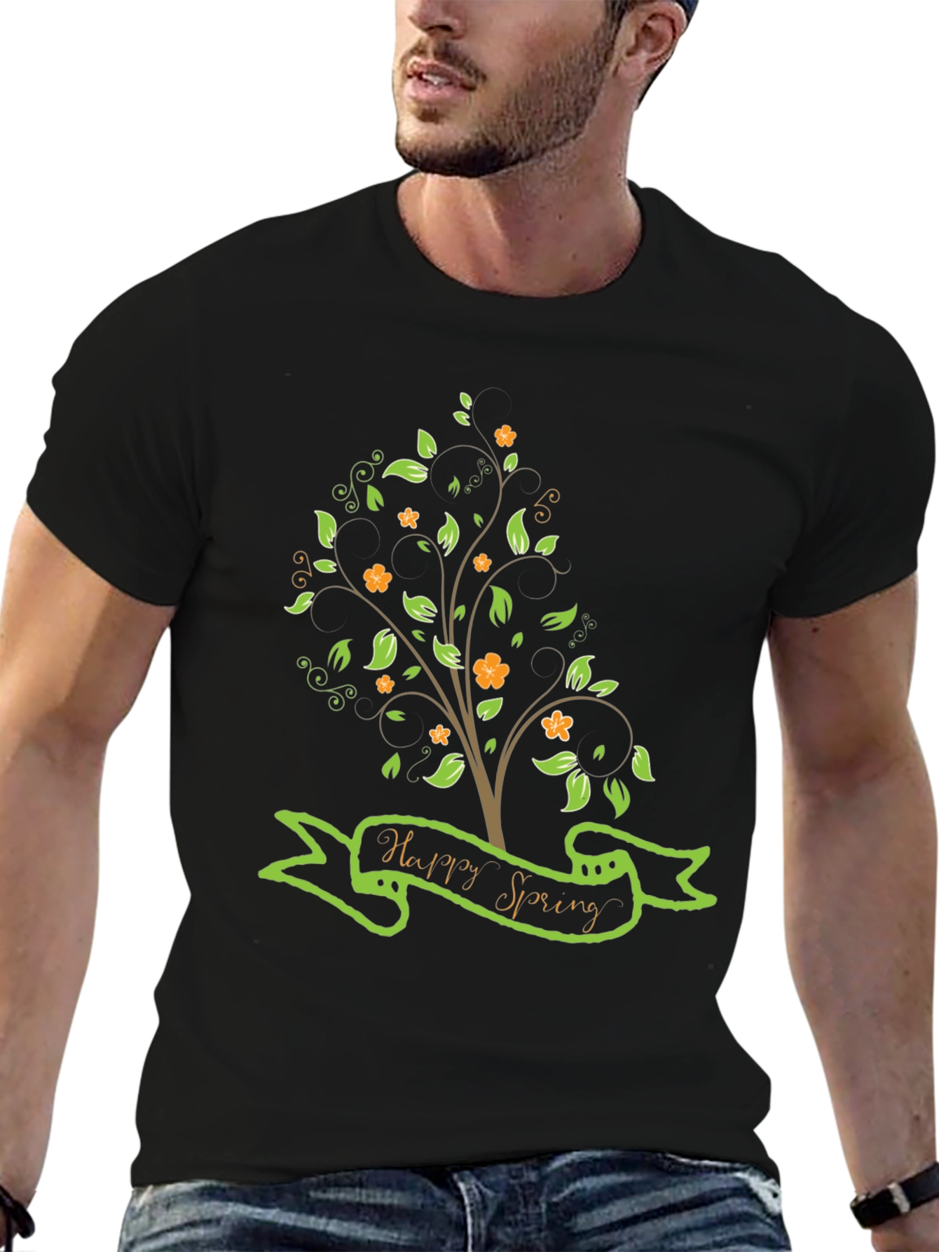 Black Happy Spring Graphic Tee - Nature Inspired Shirt view 6