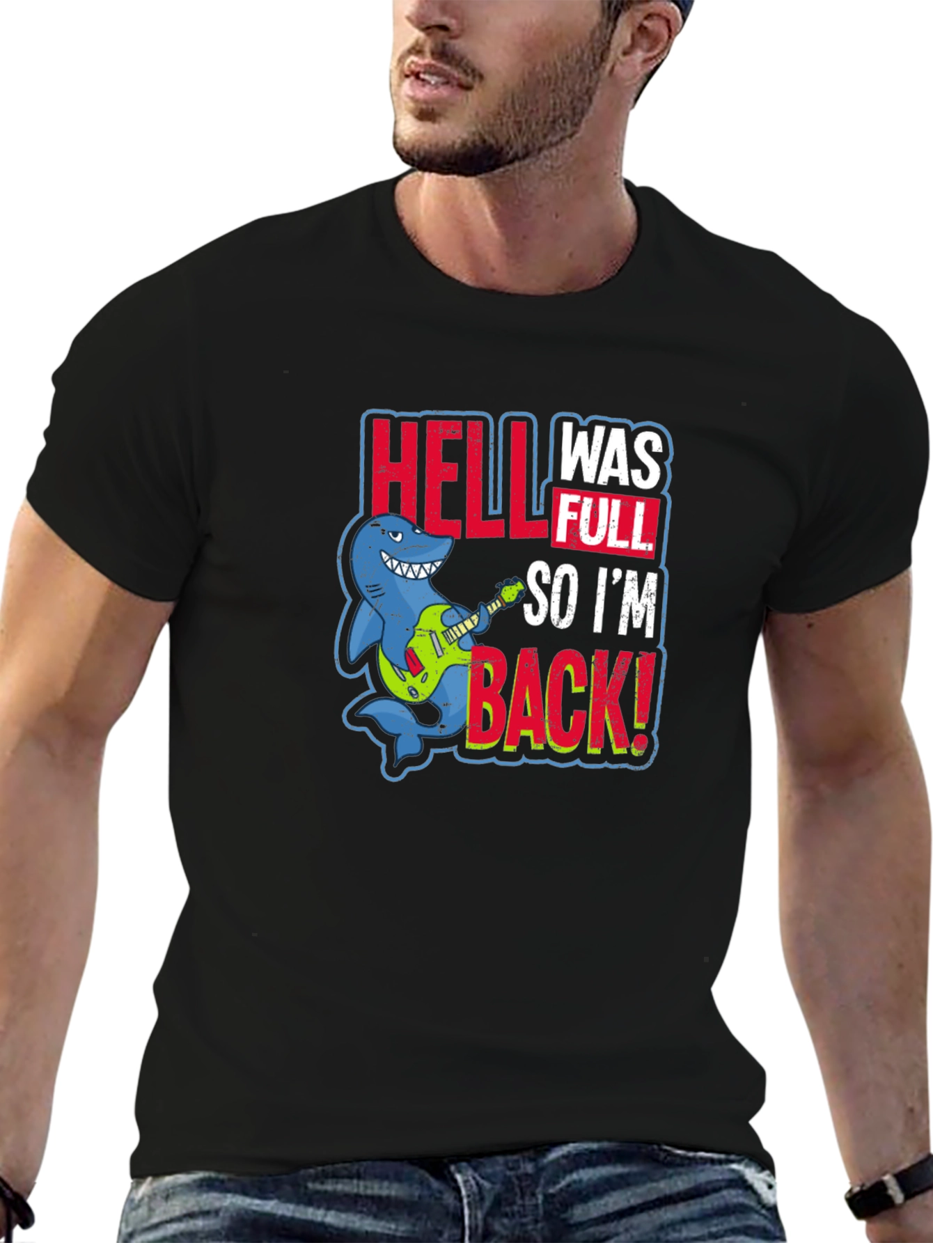 Black Hell Was Full Shark Guitar T-Shirt view 6