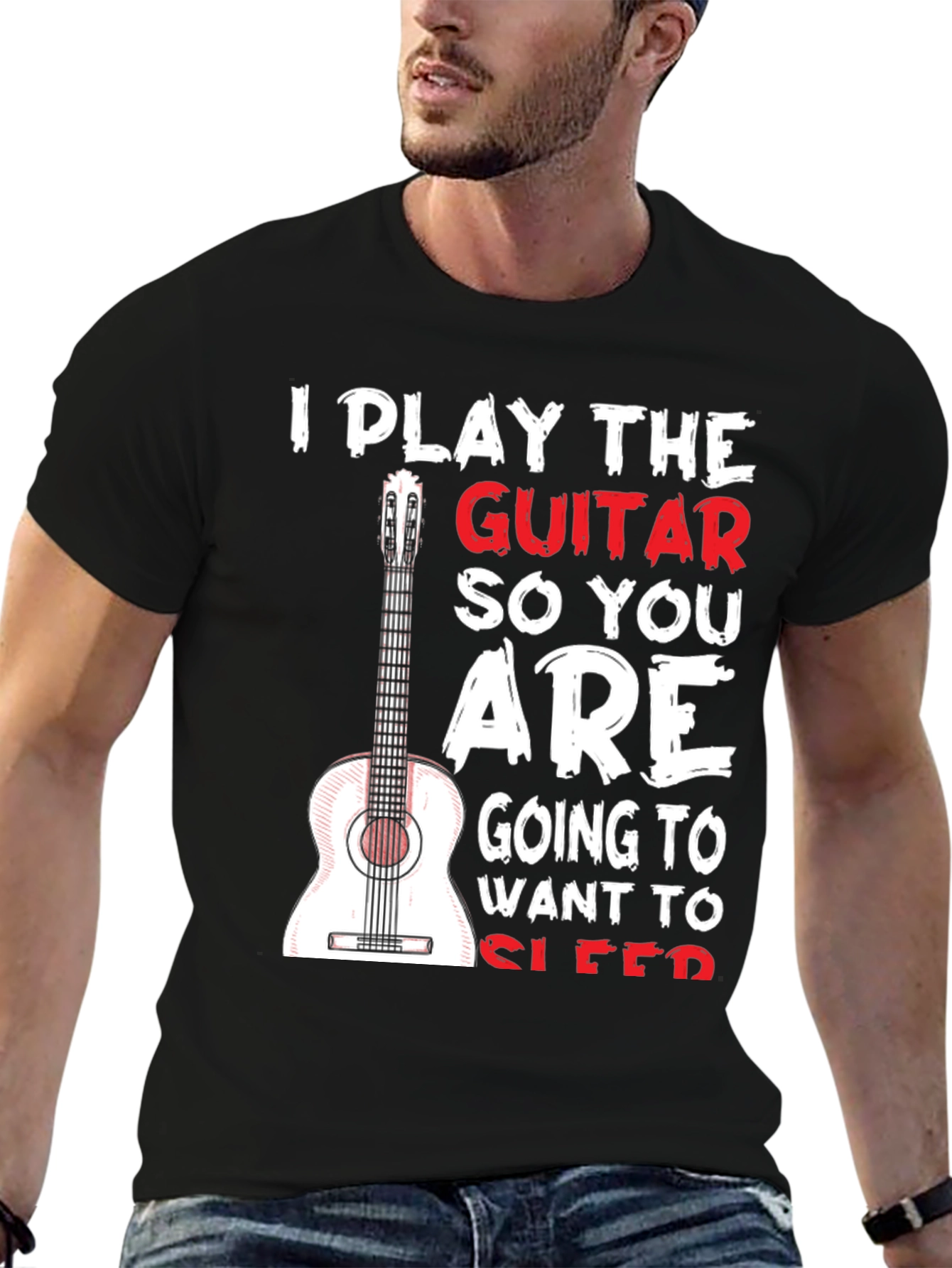 Black Guitar Player T-Shirt - I Play Guitar So You Sleep Funny Tee view 6