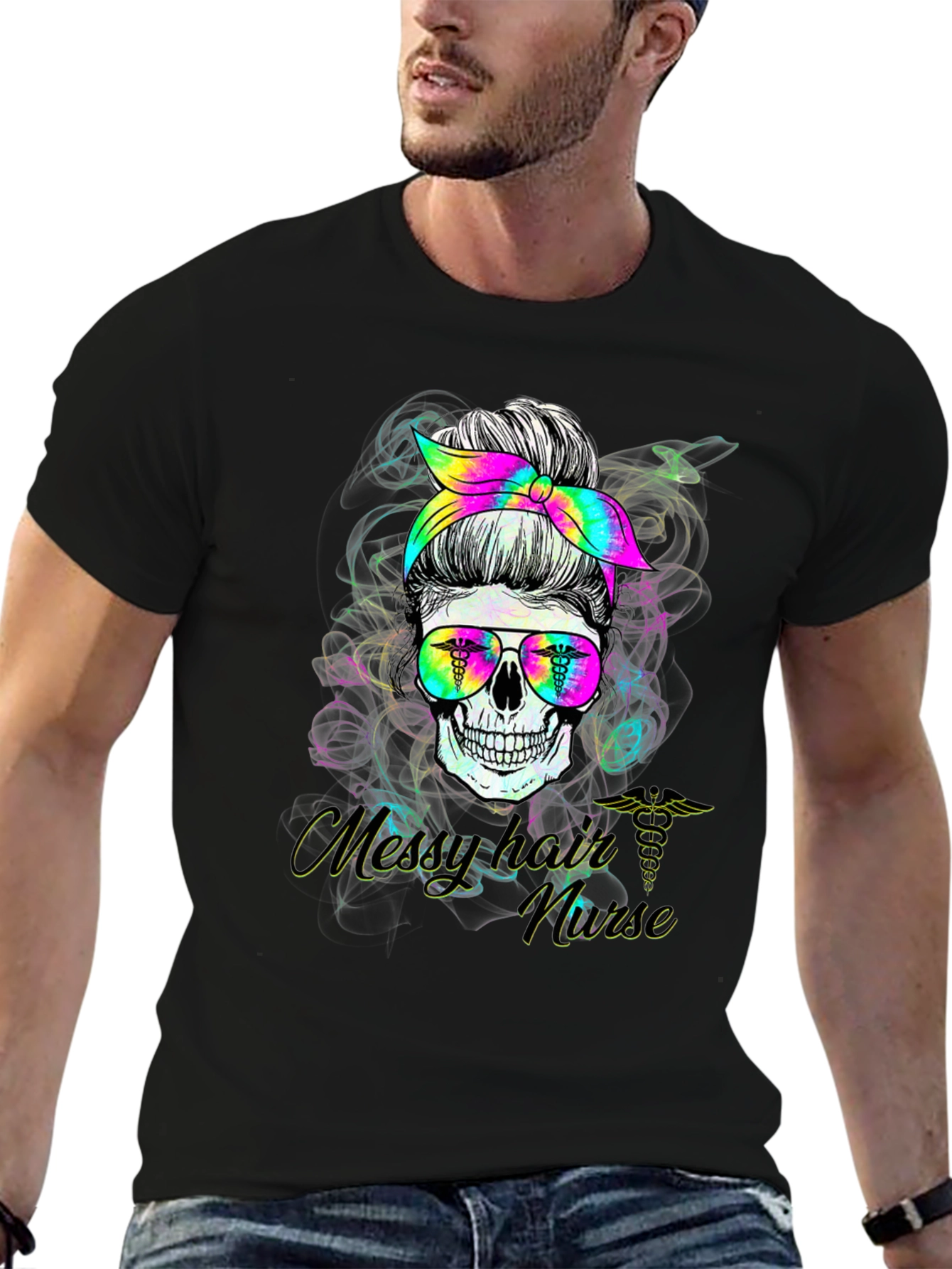 Black Messy Hair Nurse Skull T-Shirt view 6