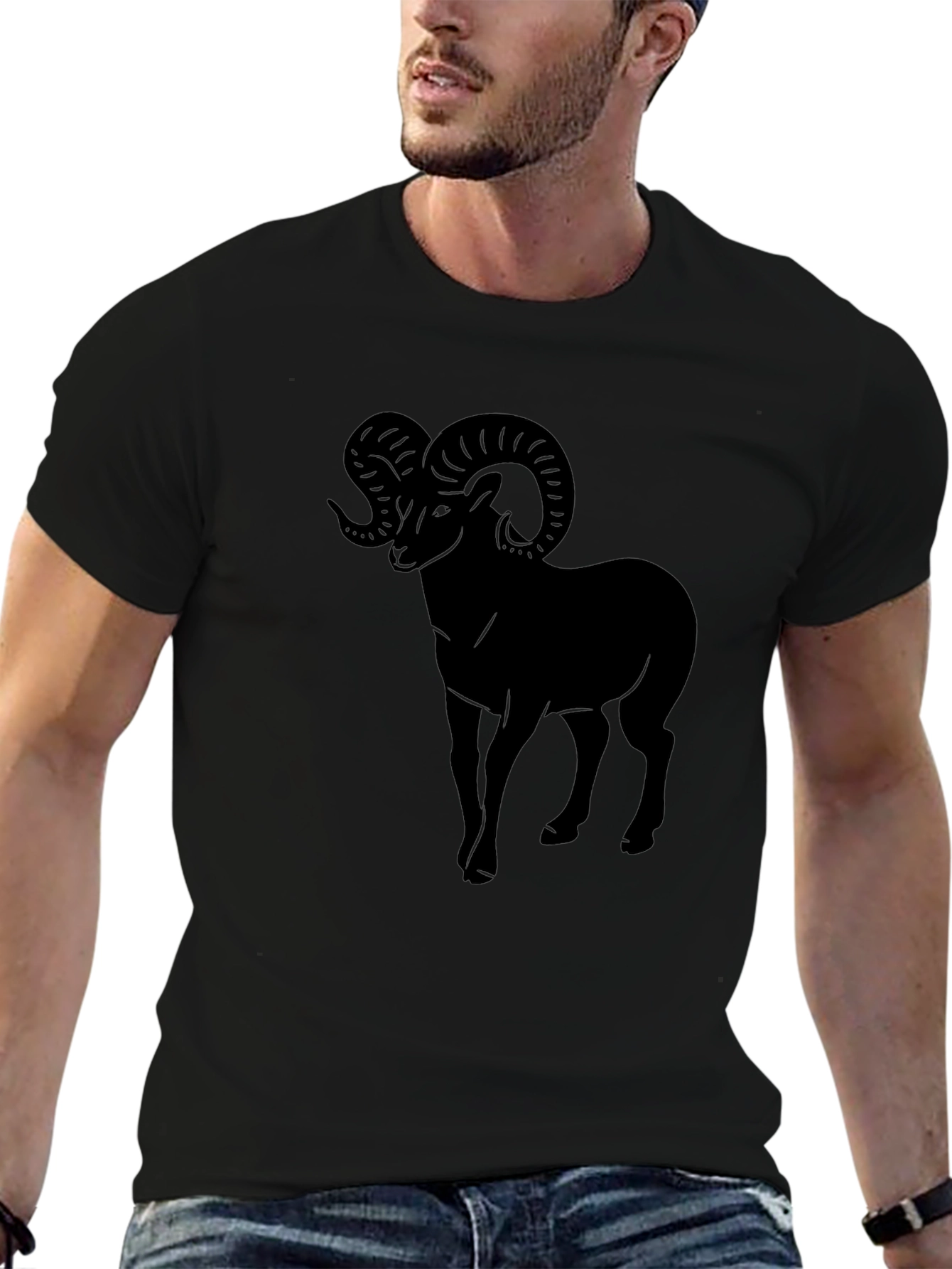 Black Men's Black T-Shirt with Ram Graphic view 6