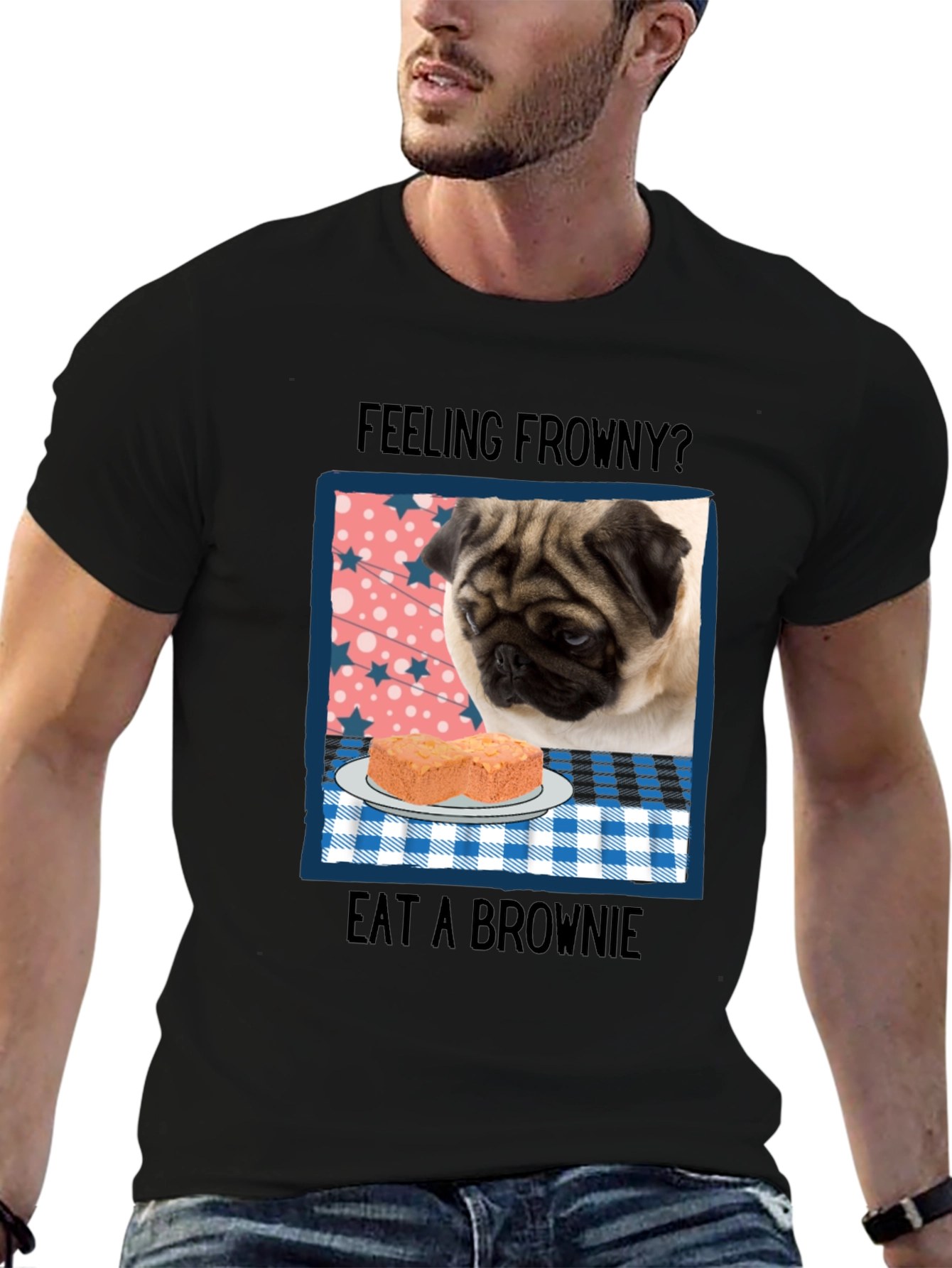 Black Feeling Frowny Pug T-Shirt view 6
