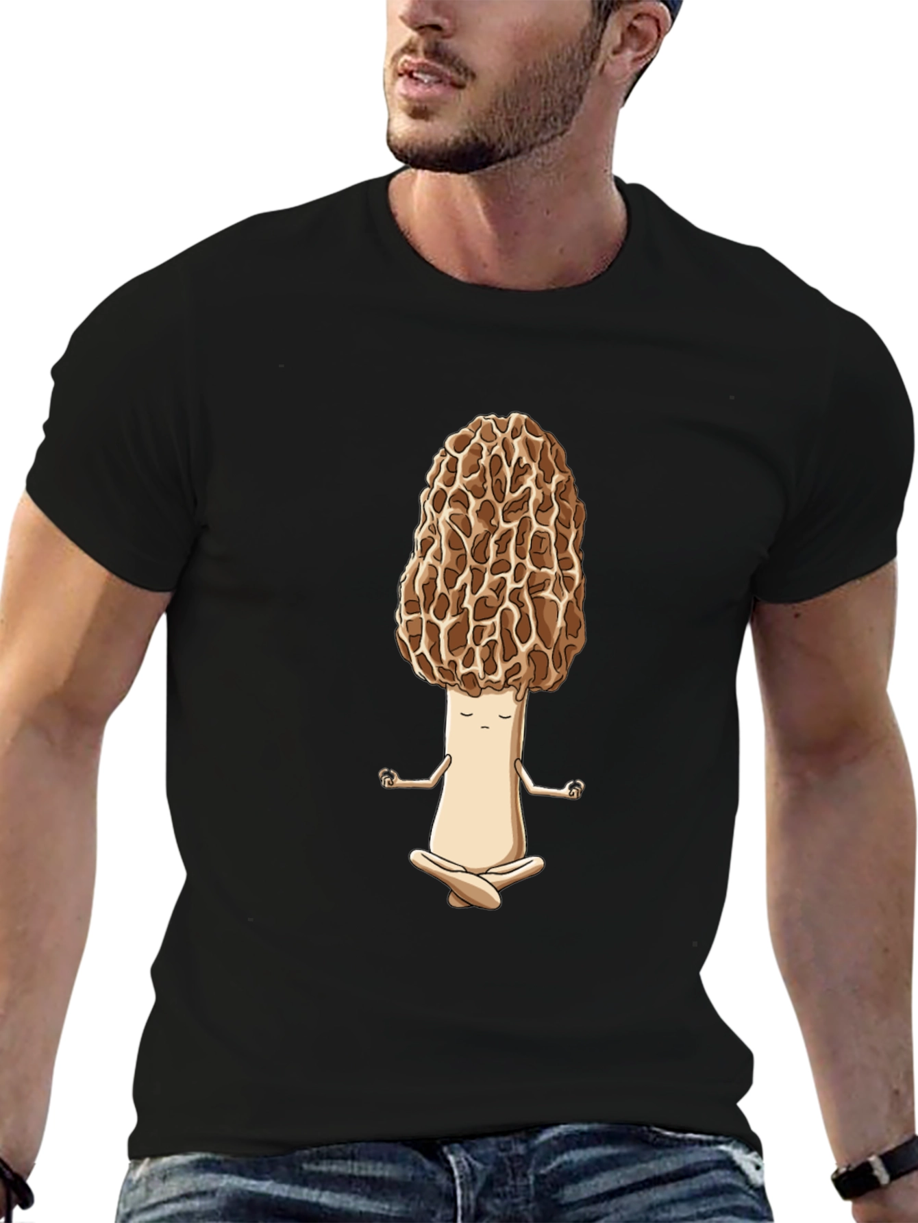 Black Zen Morel Mushroom T-Shirt - Meditating Funny Food Tee view 6