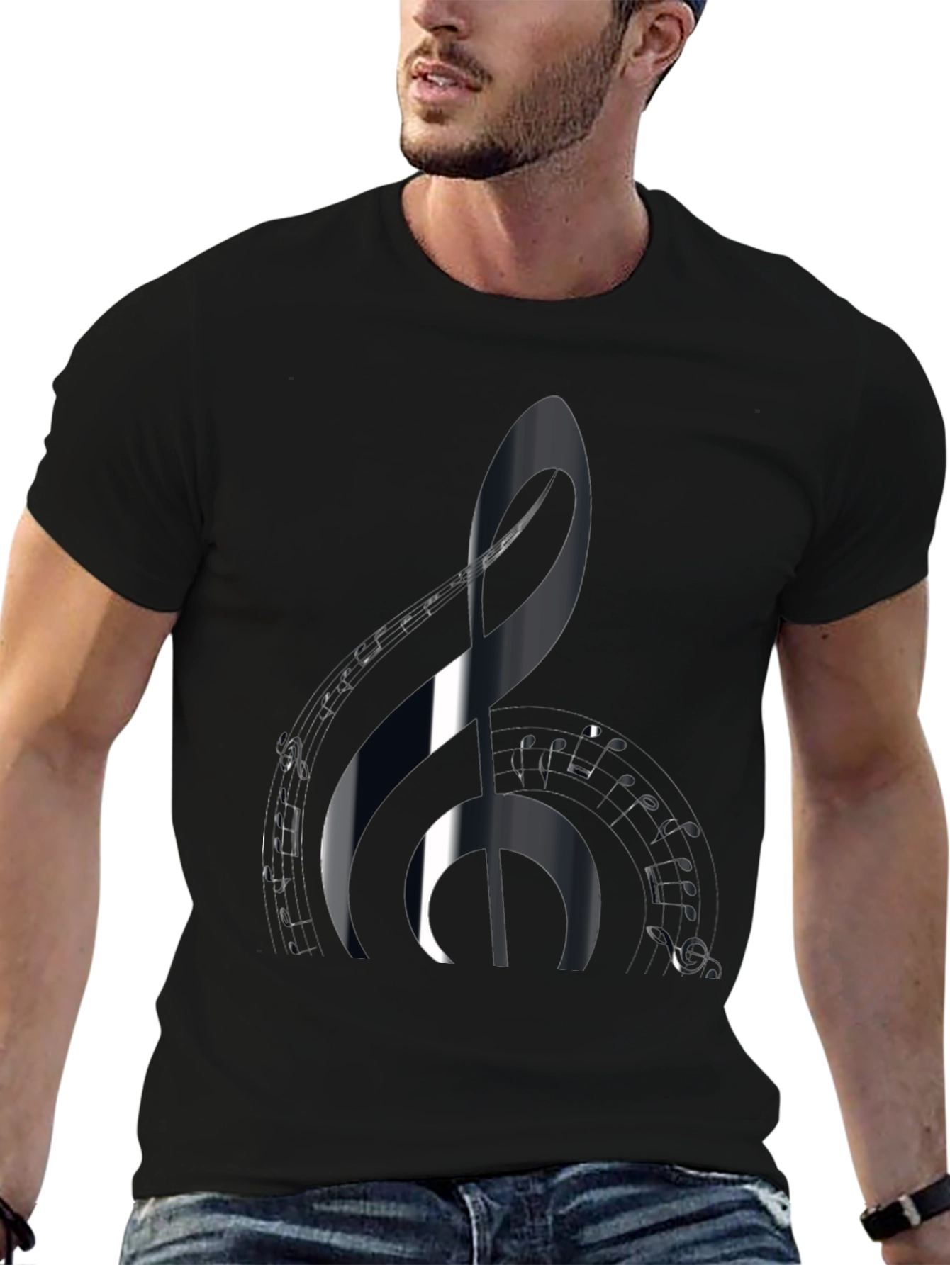 Black Music Lover's Black T-Shirt with Treble Clef Design view 6