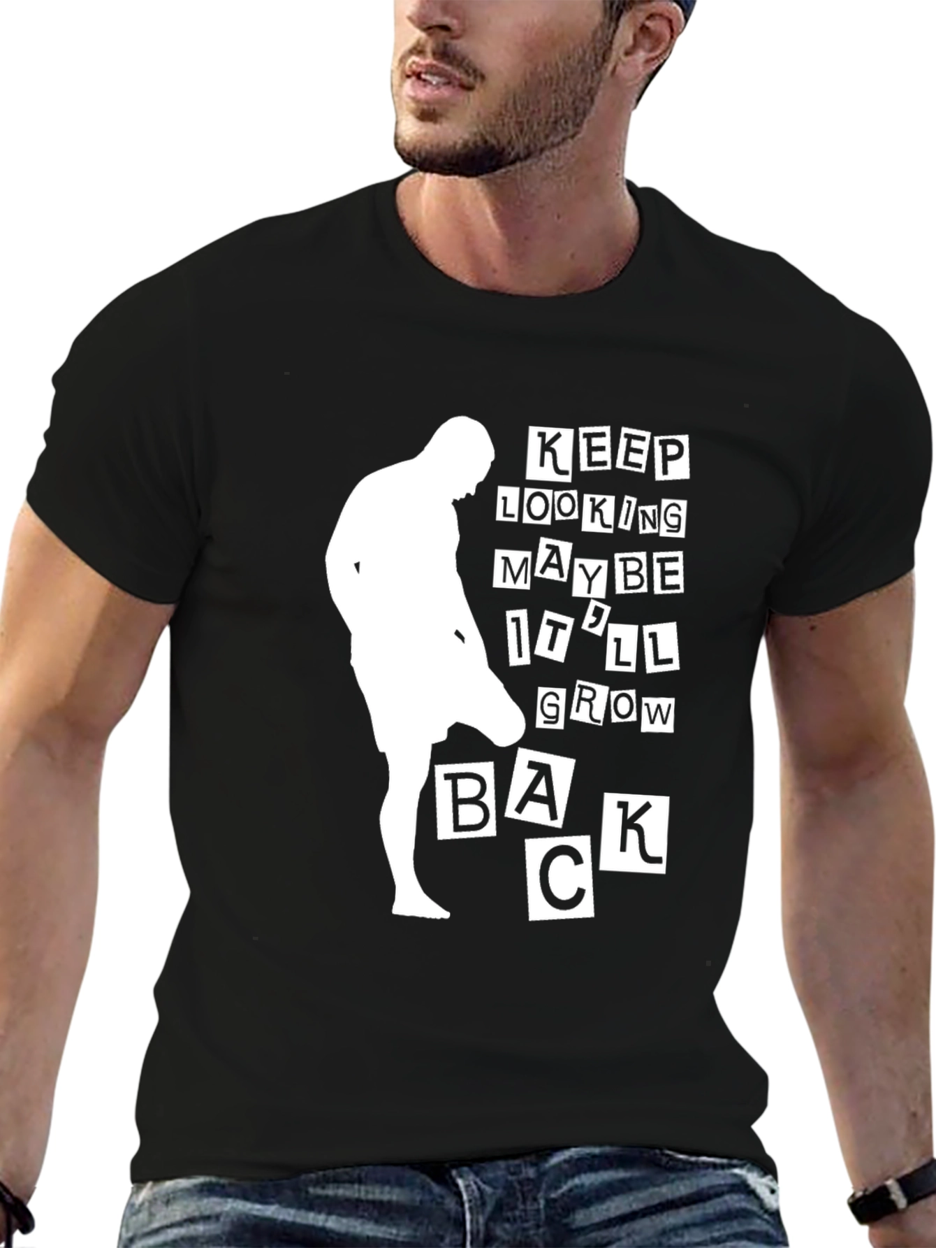 Black Funny Bald Man T-Shirt - Keep Looking, Maybe It'll Grow Back view 6