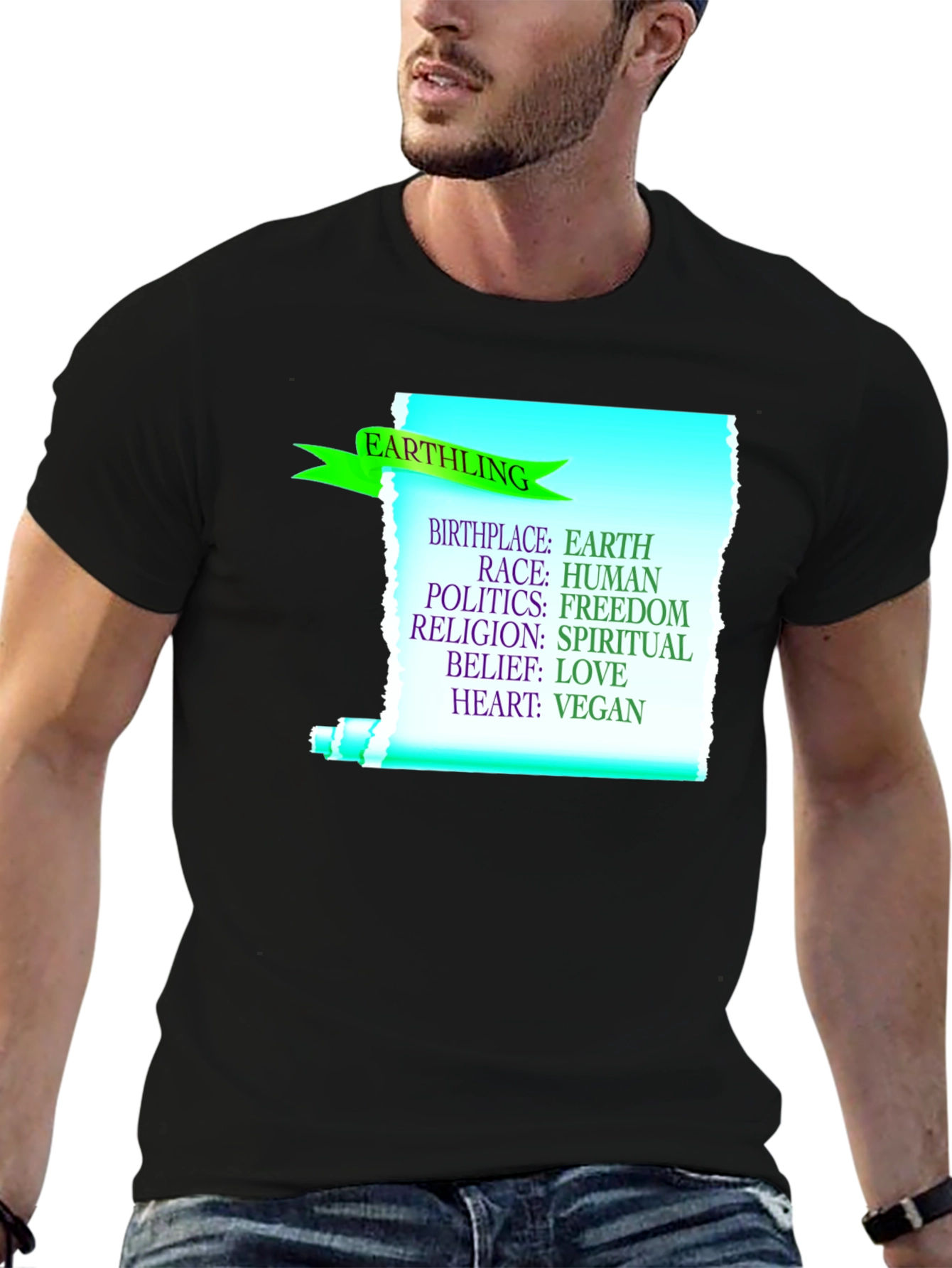 Black Earthling Vegan T-Shirt - Earth, Human, Freedom, Love view 6