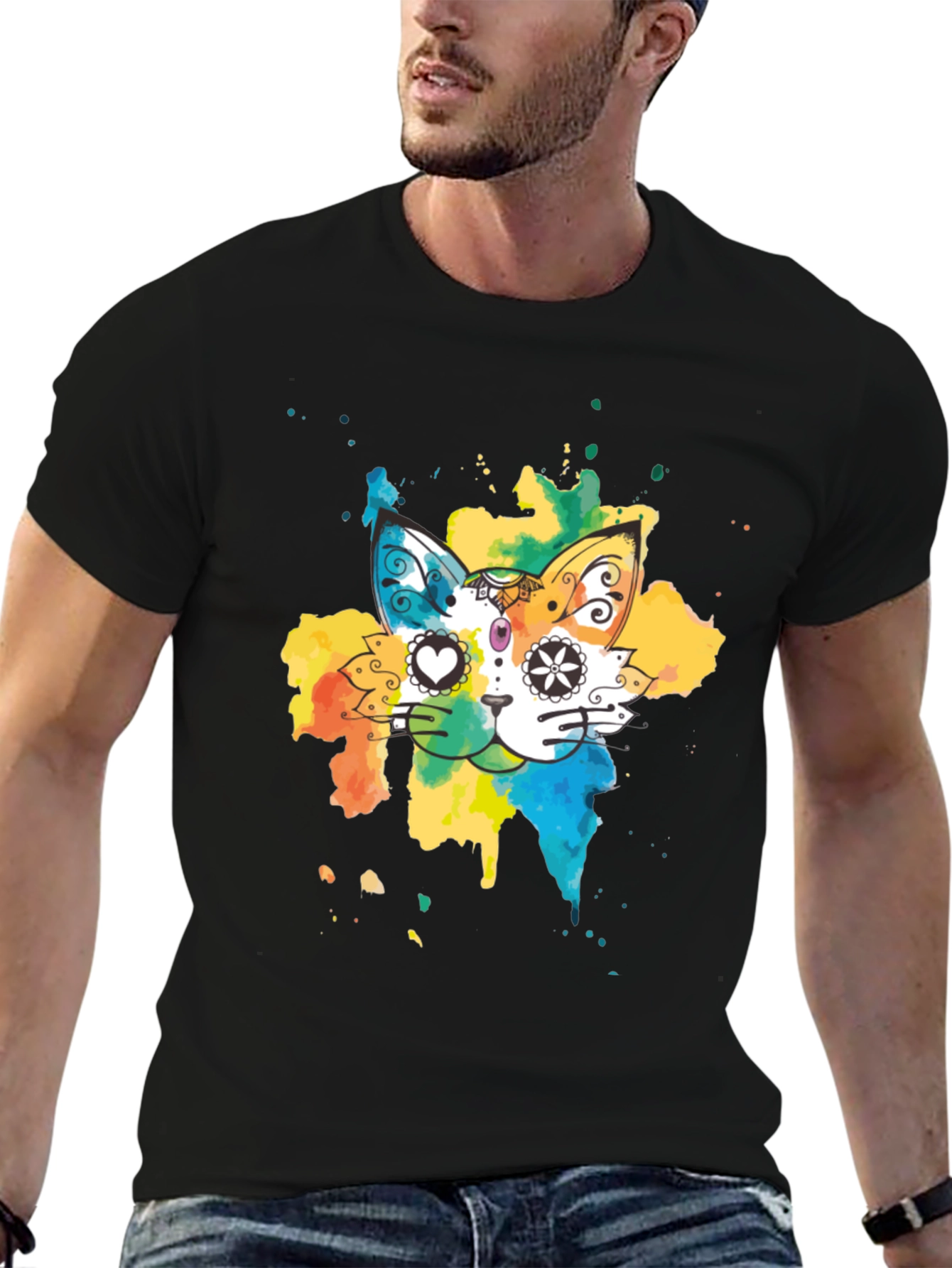 Black Colorful Cat T-Shirt - Whimsical Design Tee view 6