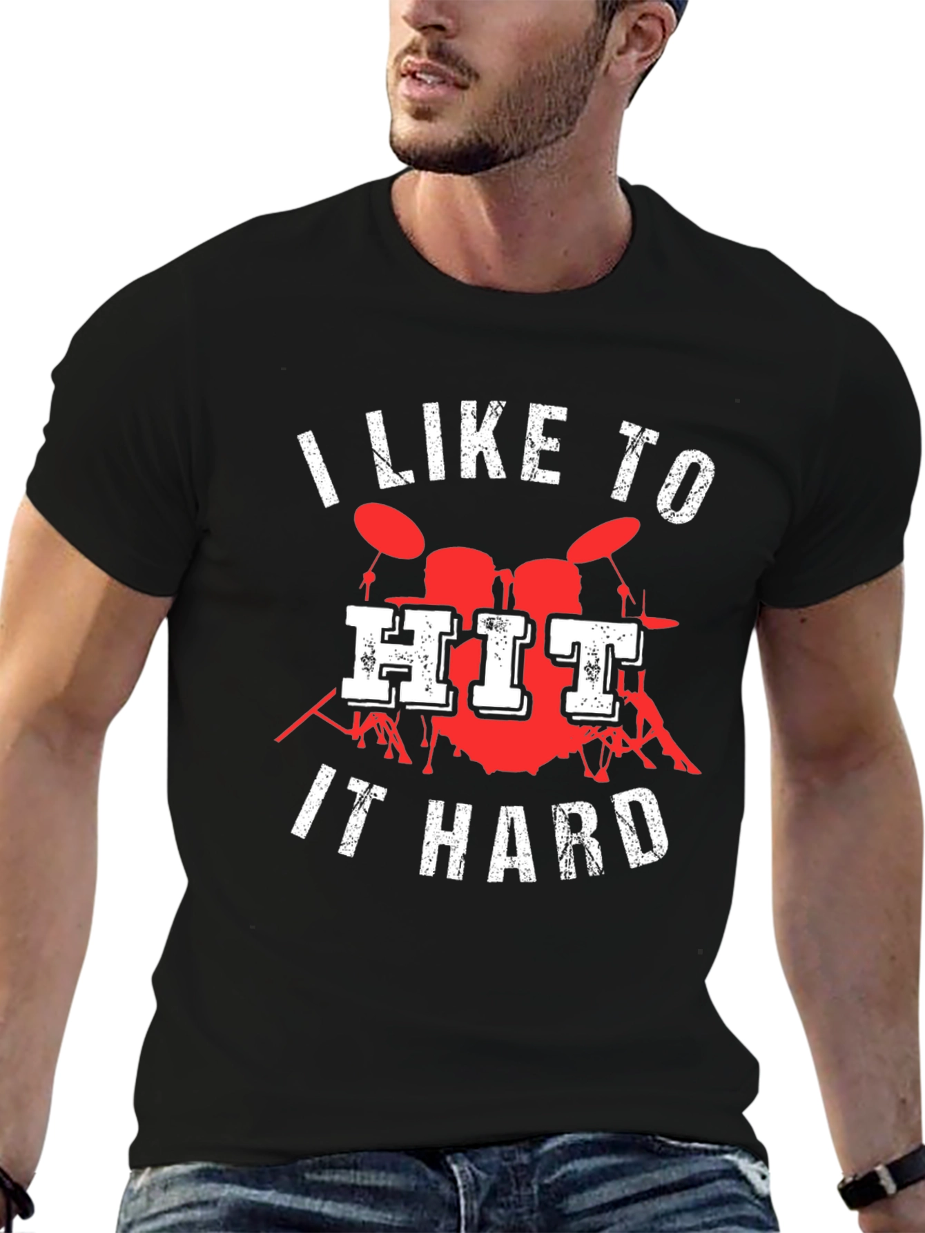 Black I Like to Hit It Hard Drummer T-Shirt view 6