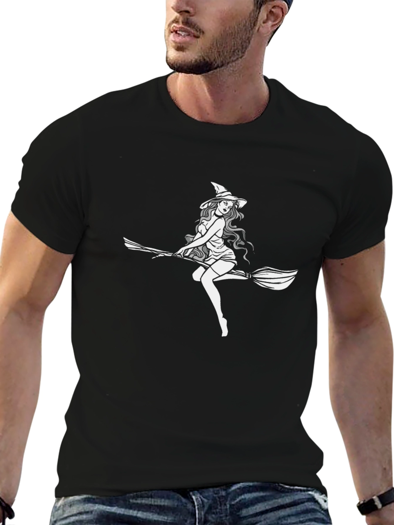 Black Witch on Broomstick Graphic Tee - Black Cotton view 6