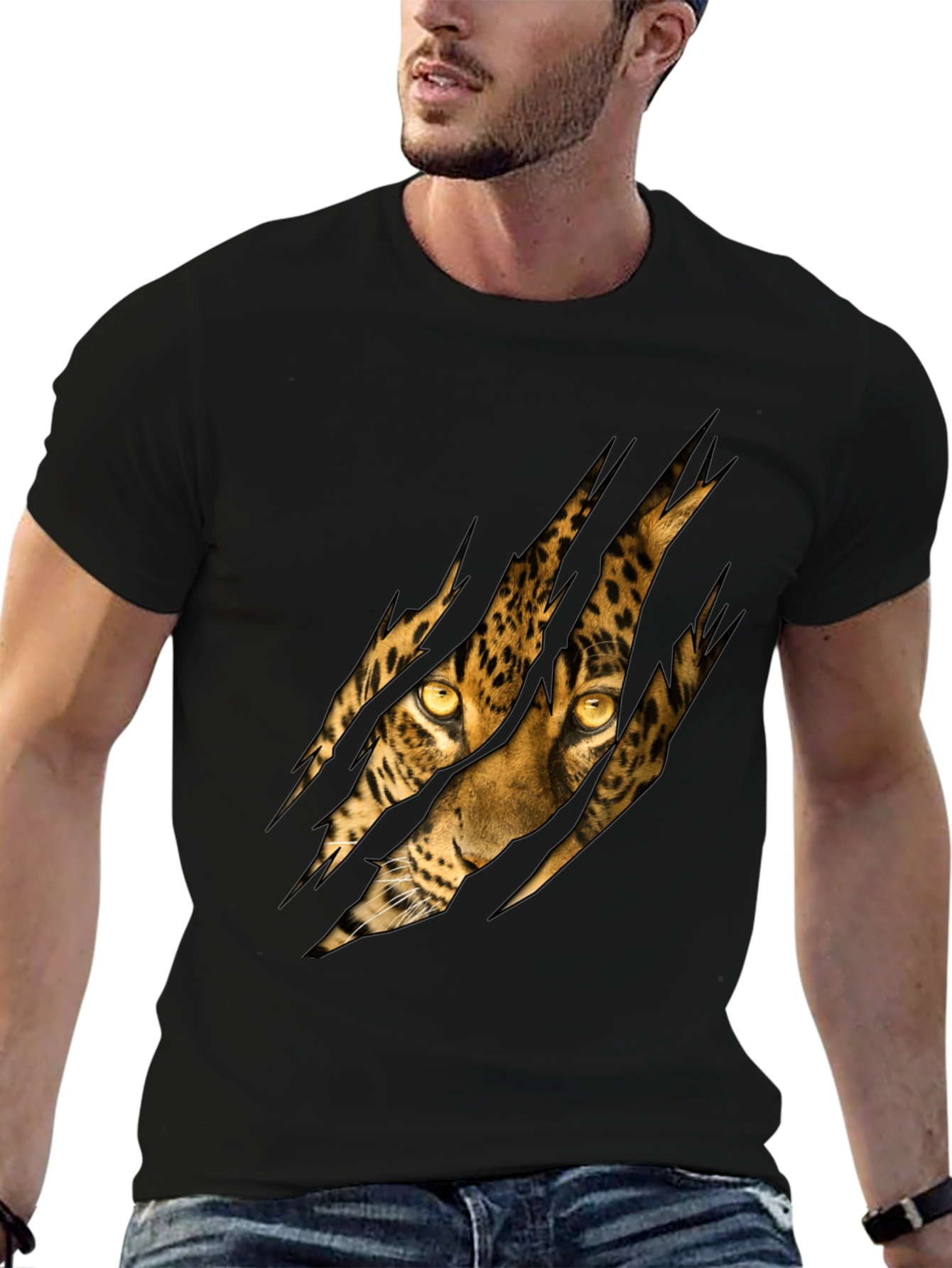 Black Men's Black T-Shirt with Ripped Leopard Design view 6