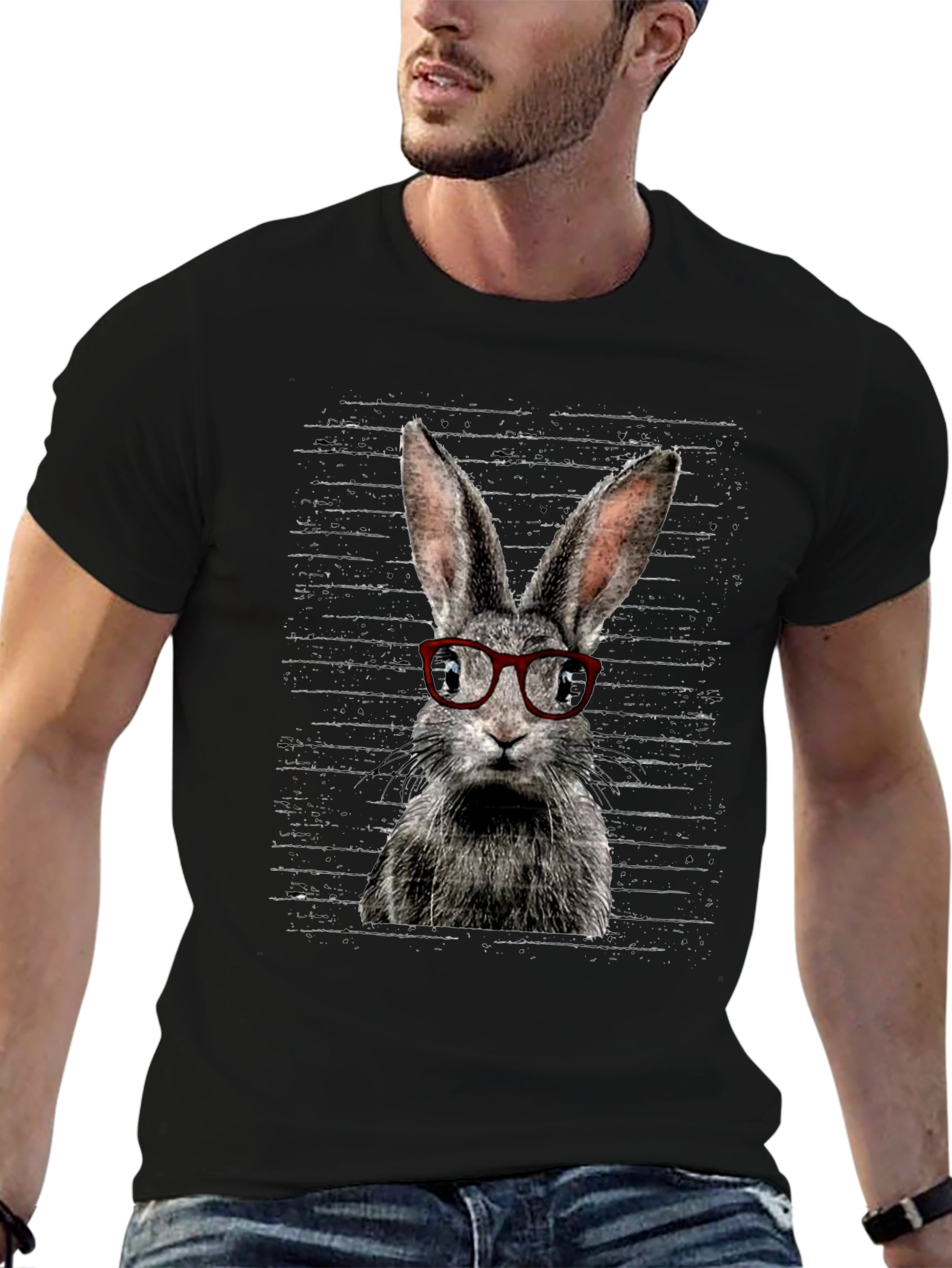 Black Hipster Rabbit Graphic Tee - Unisex Black T-Shirt view 6