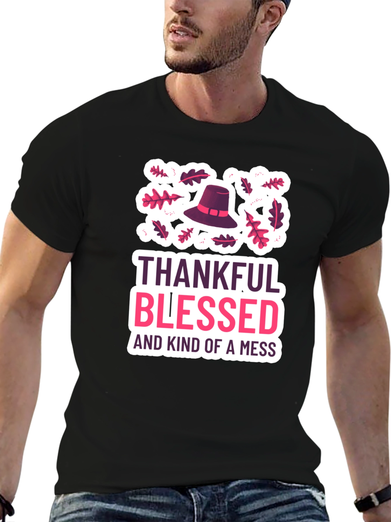 Black Thankful Blessed and Kind of a Mess T-Shirt view 6