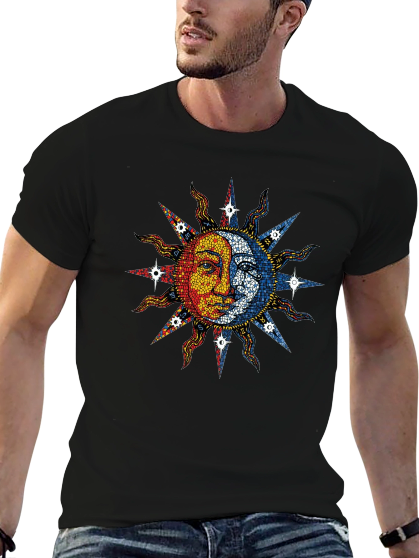 Black Celestial Sun and Moon Graphic Tee - Black Cotton Blend view 6
