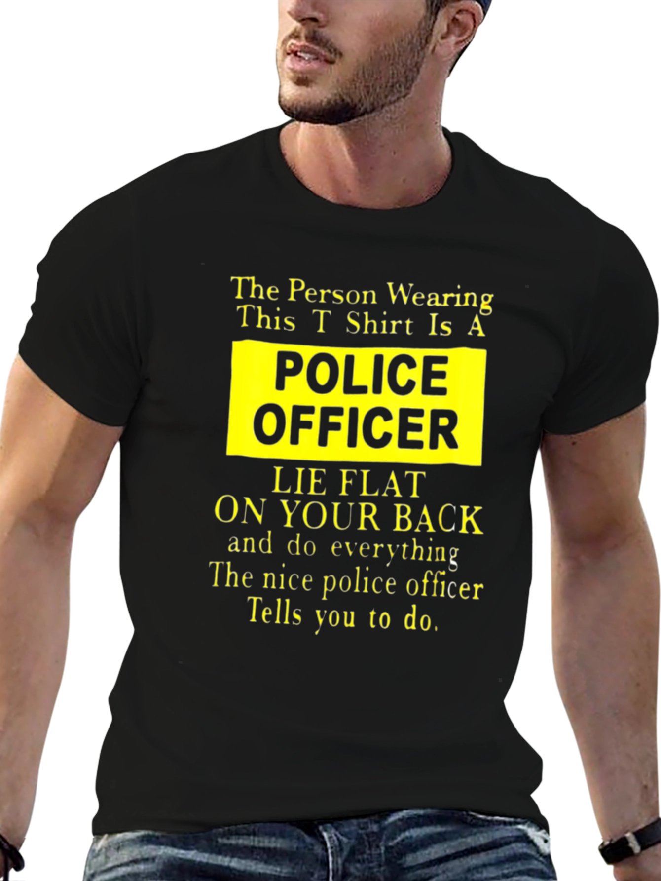 Black Funny Police Officer T-Shirt - Lie Flat On Your Back view 6