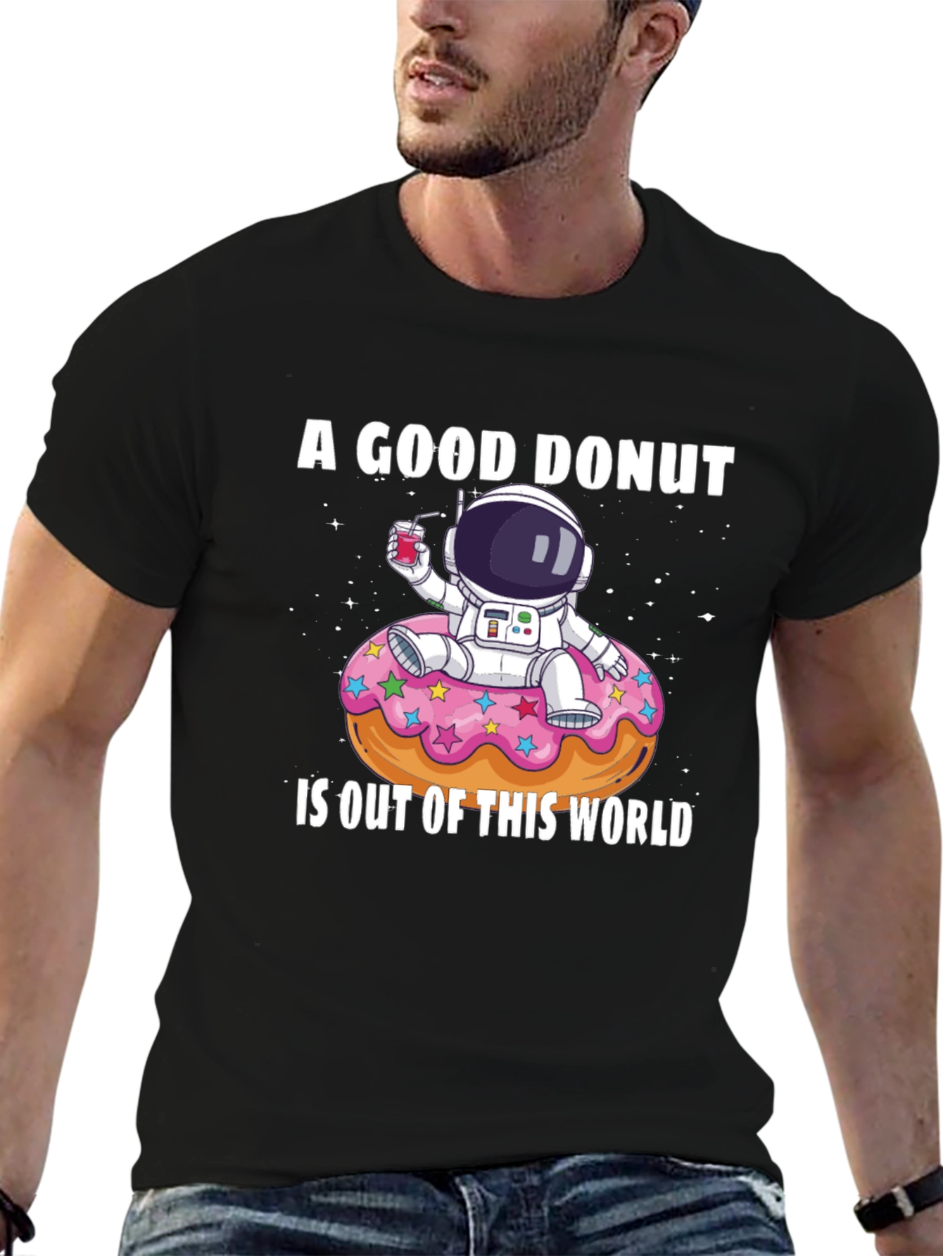 Black A Good Donut T-Shirt - Astronaut Design view 6