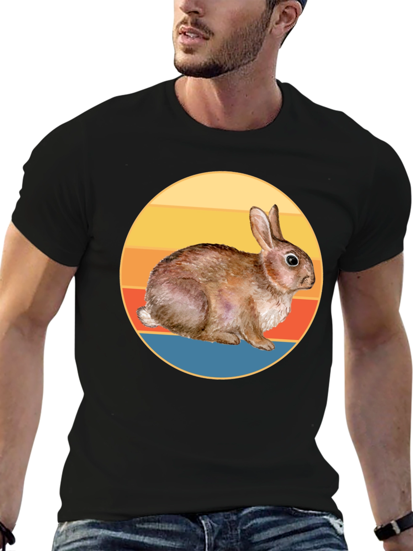 Black Vintage Rabbit Sunset T-Shirt - Soft Cotton Blend view 6