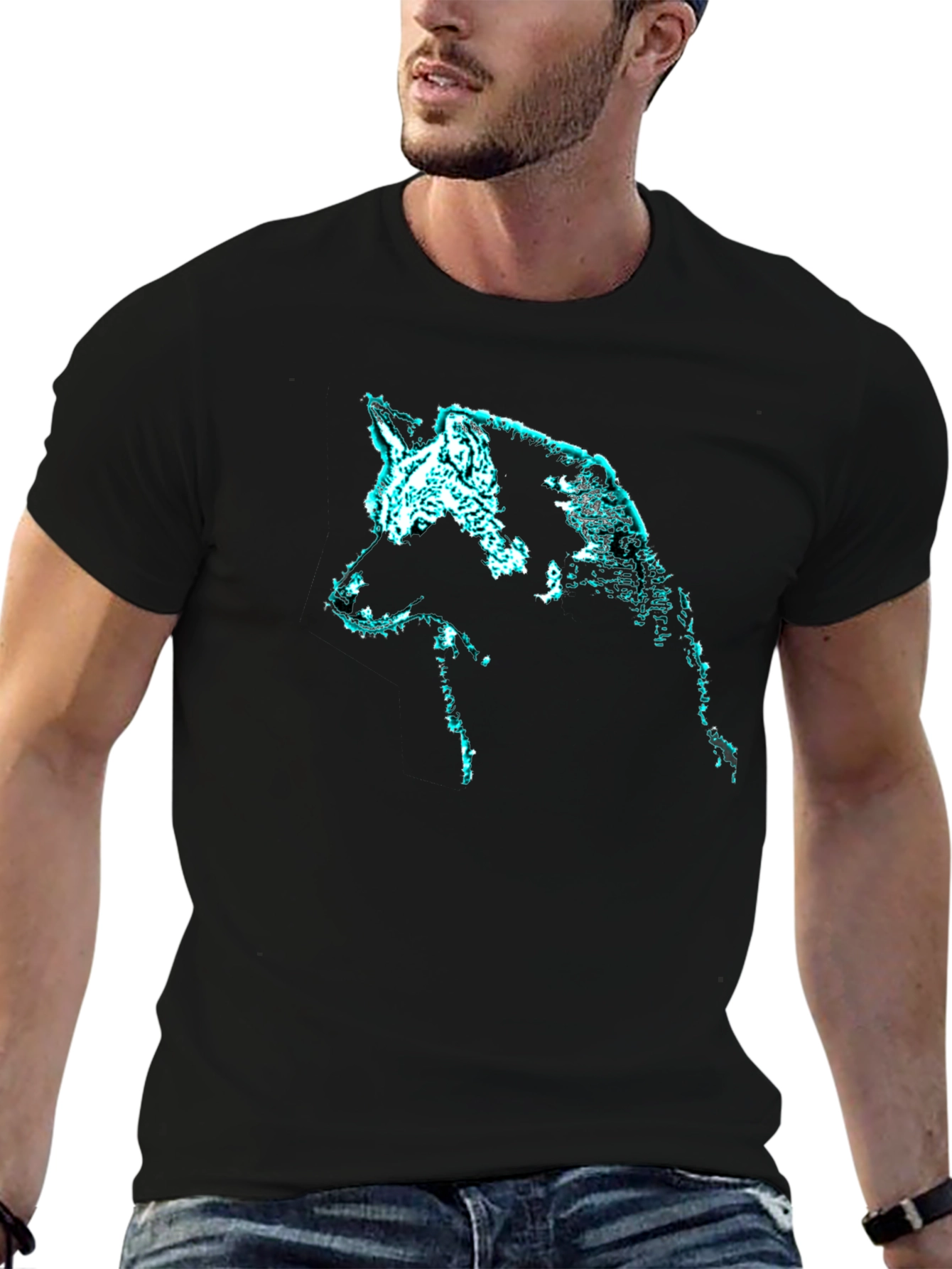 Black Glowing Wolf Graphic Print Black T-Shirt view 6
