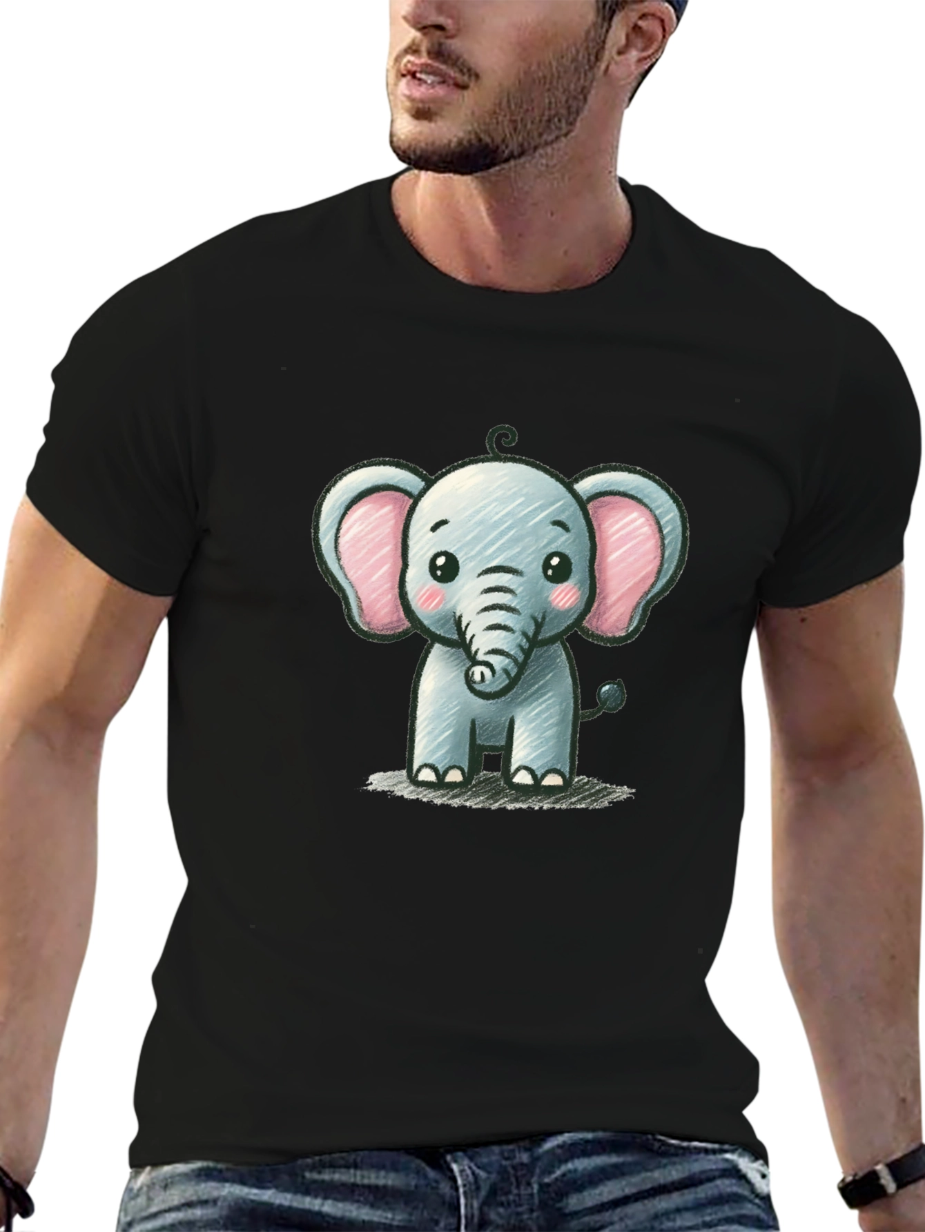 Black Cute Elephant Graphic Tee - Black Unisex T-Shirt view 6