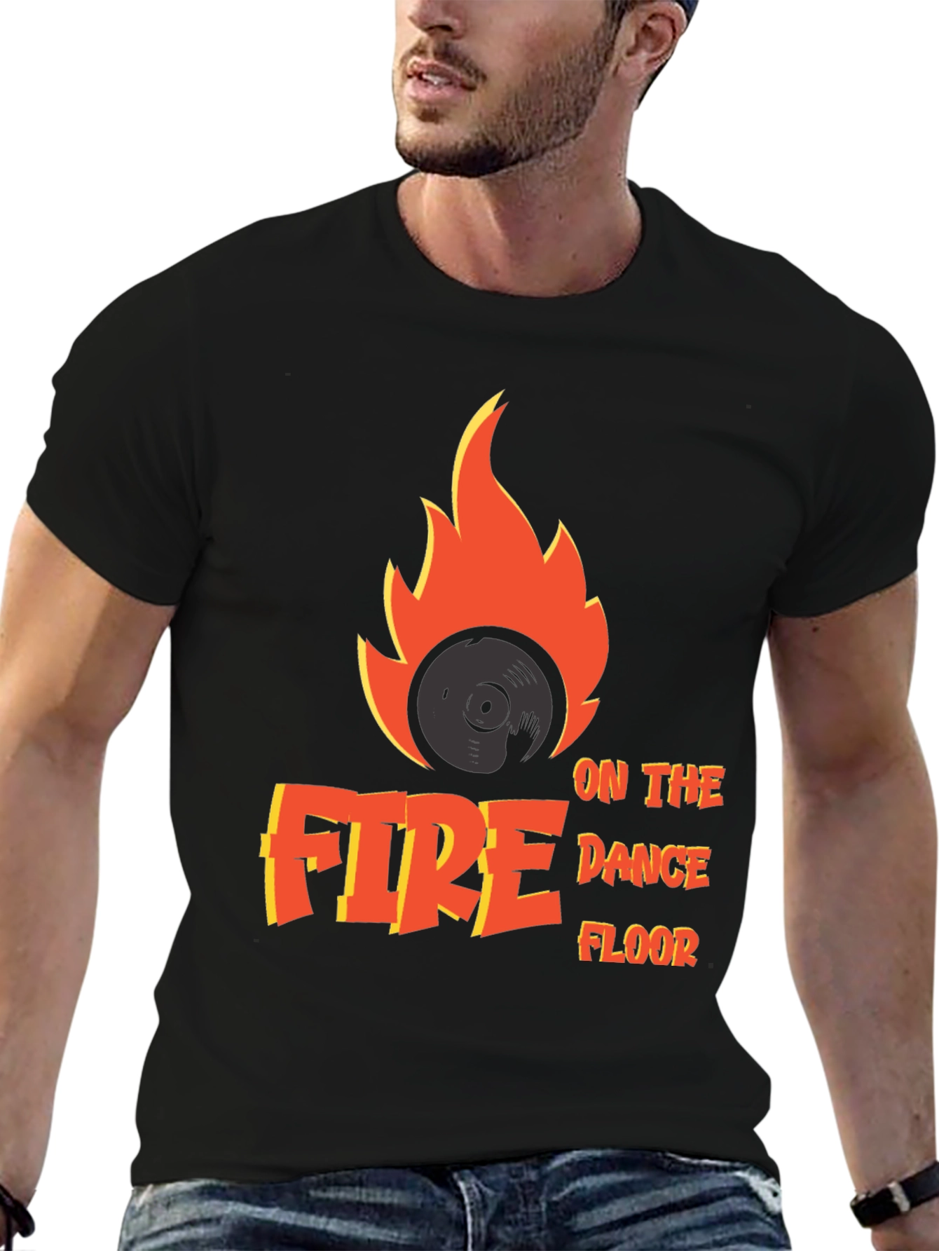 Black Fire on the Dance Floor T-Shirt - DJ Vinyl Flame Tee view 6