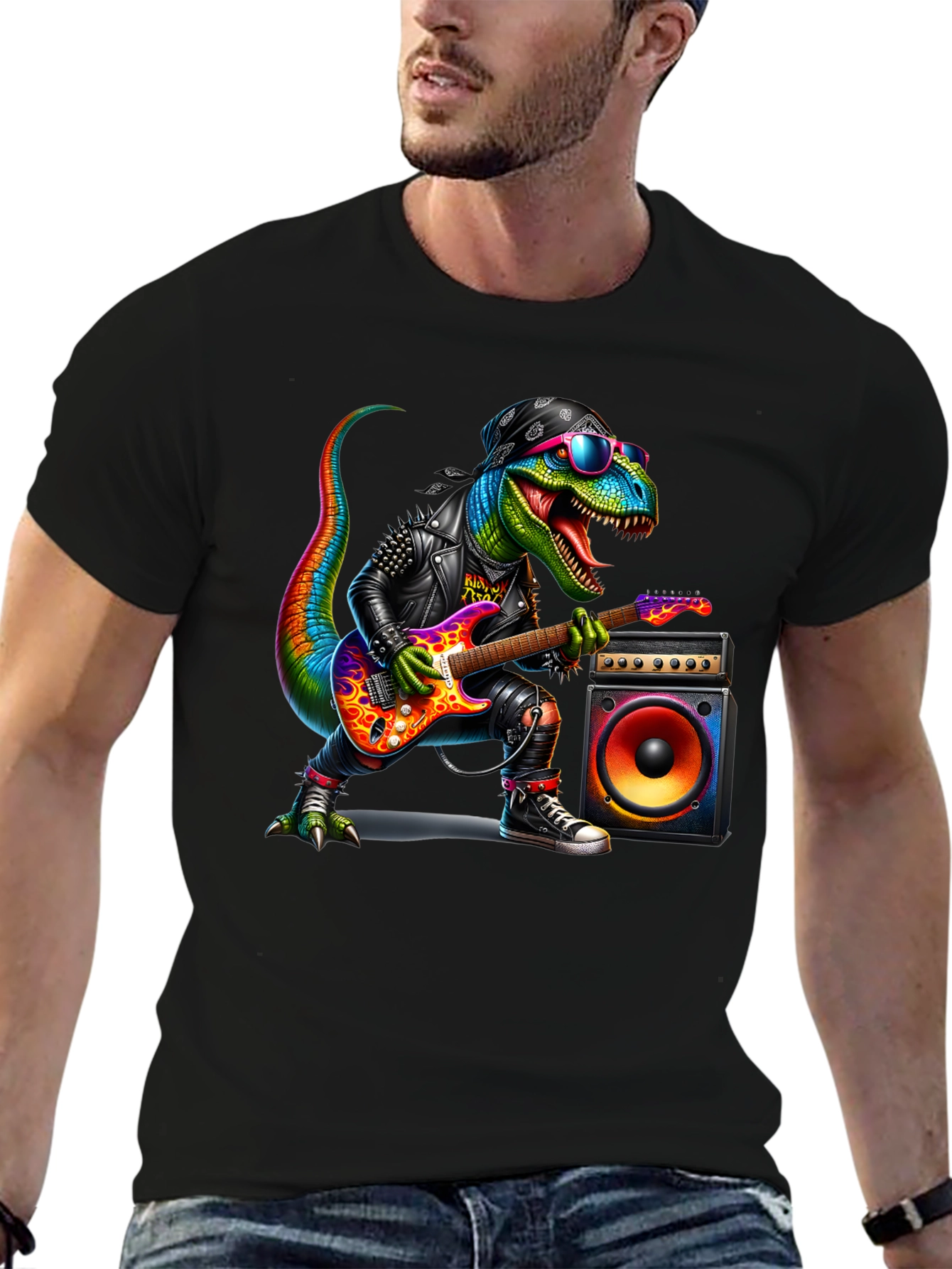Black Rockin' Rex T-Shirt - Dinosaur Guitarist view 6